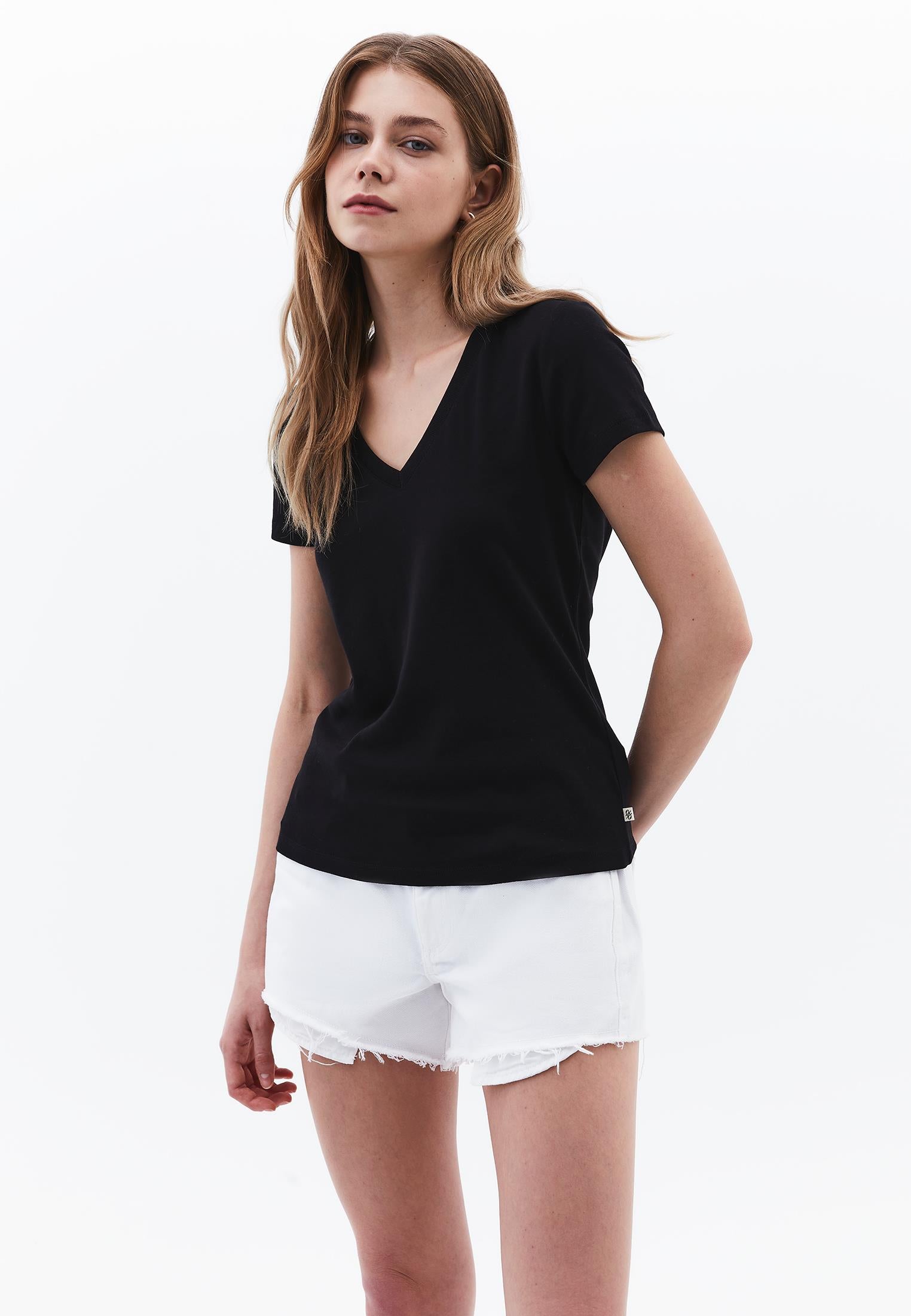 V Neck Short Sleeve Slim T-Shirt - BLACK