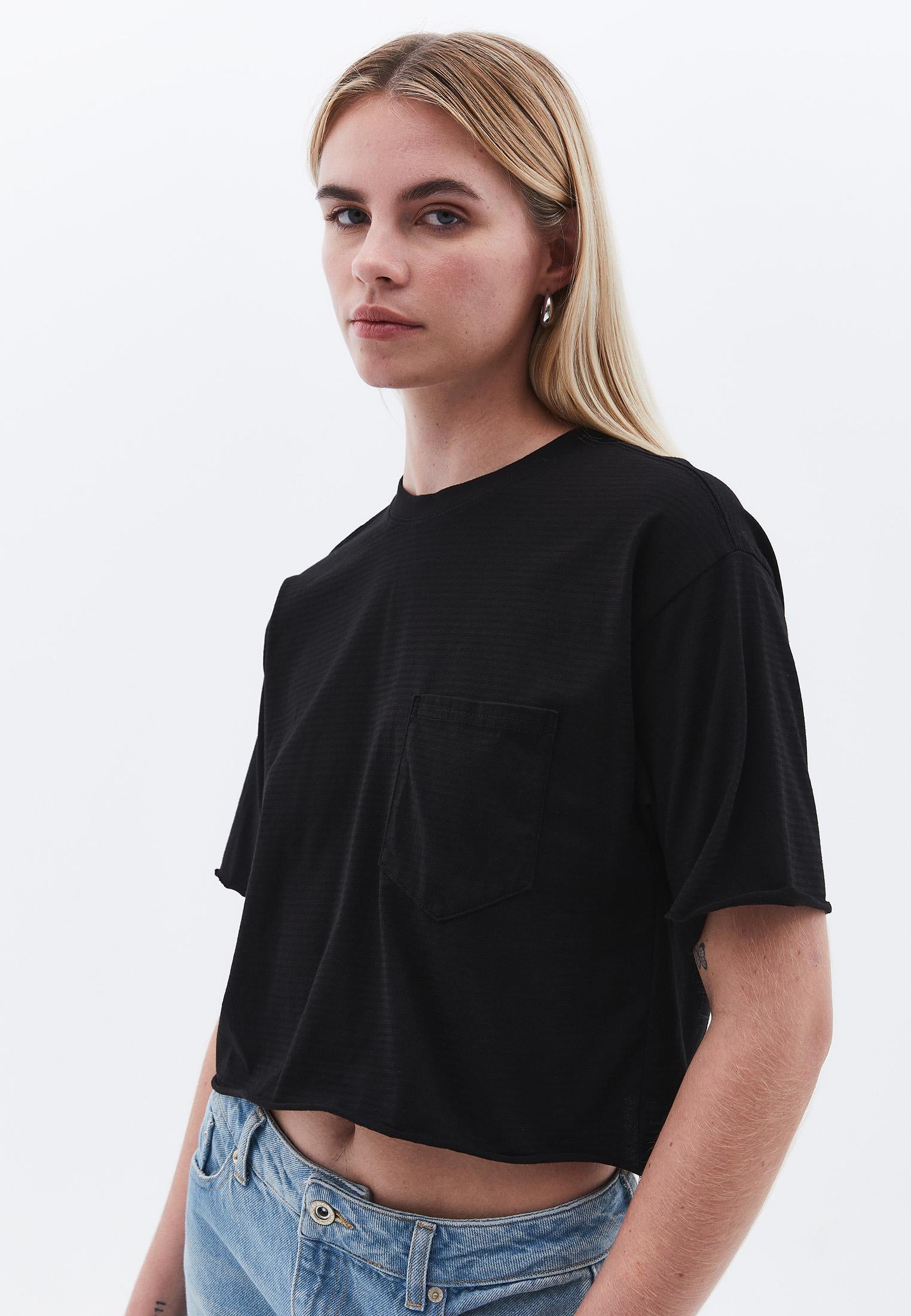 Cropped T-Shirt With Pocket Detail - BLACK