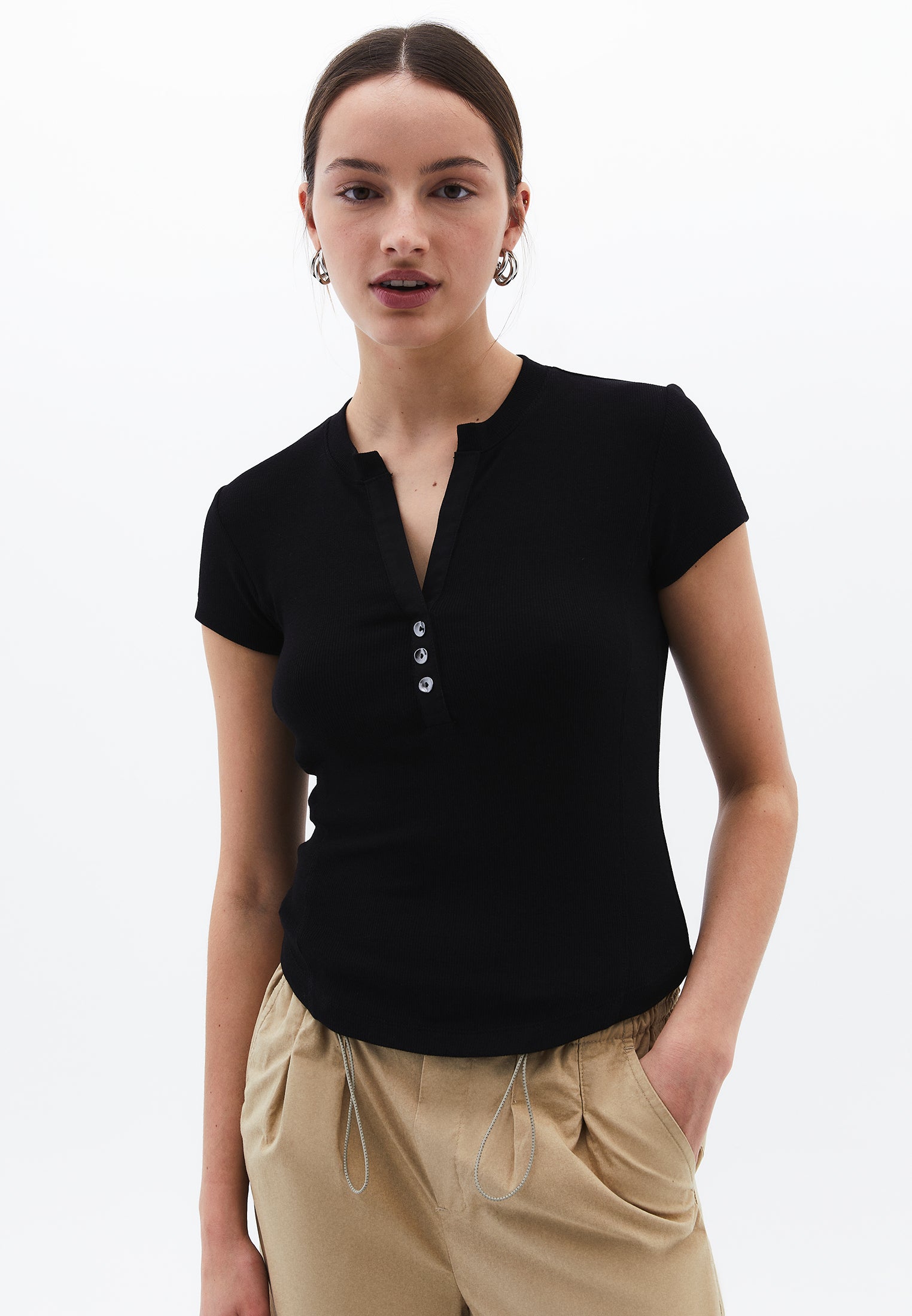 Button Detailed T-Shirt - BLACK