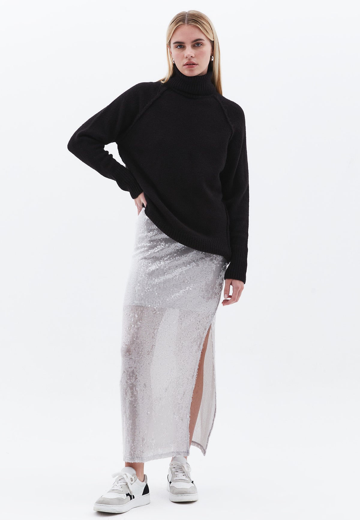 Turtleneck Raglan Sleeve Ribbed Knitwear - BLACK