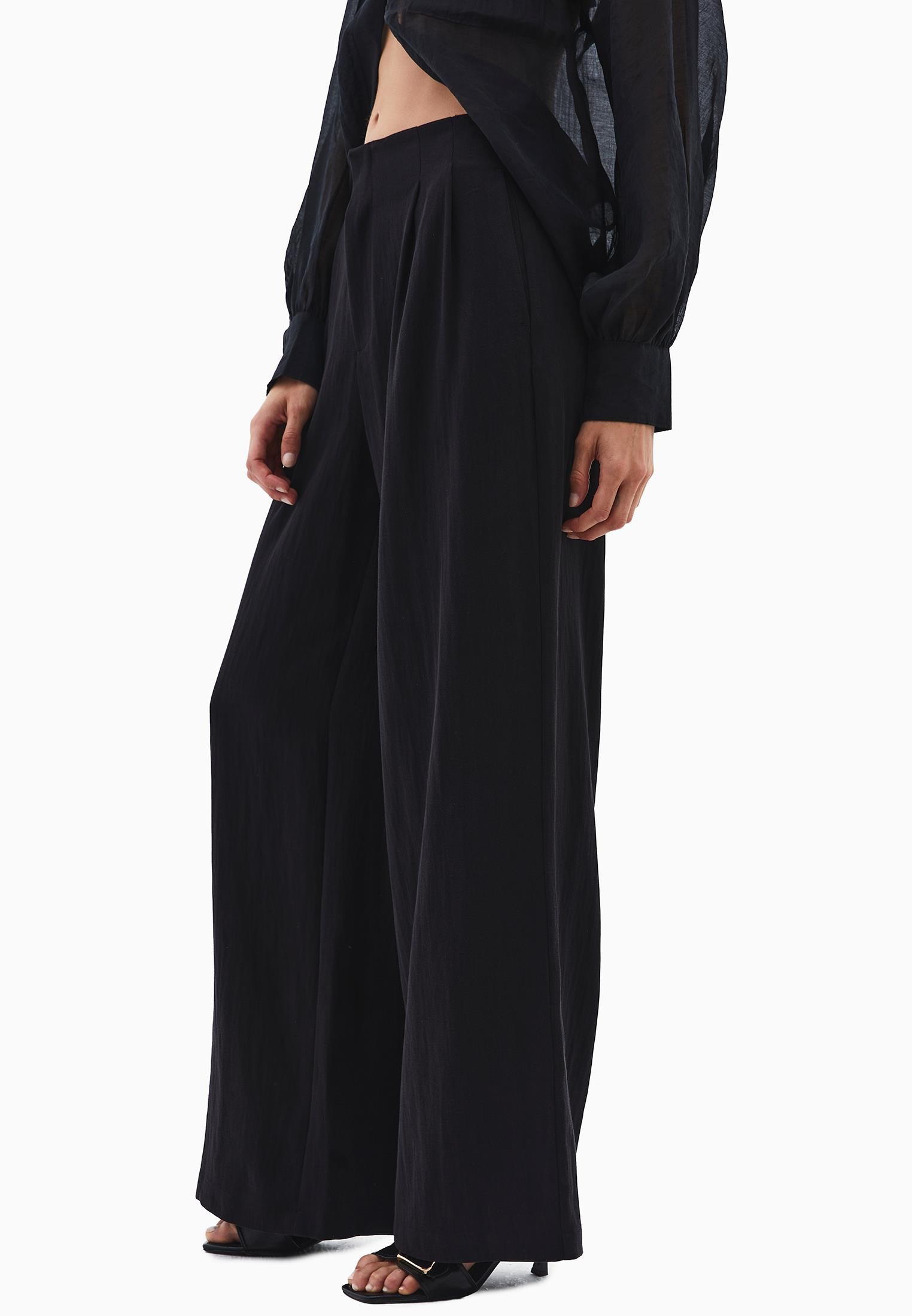 Pleated Wide Leg Pants - BLACK