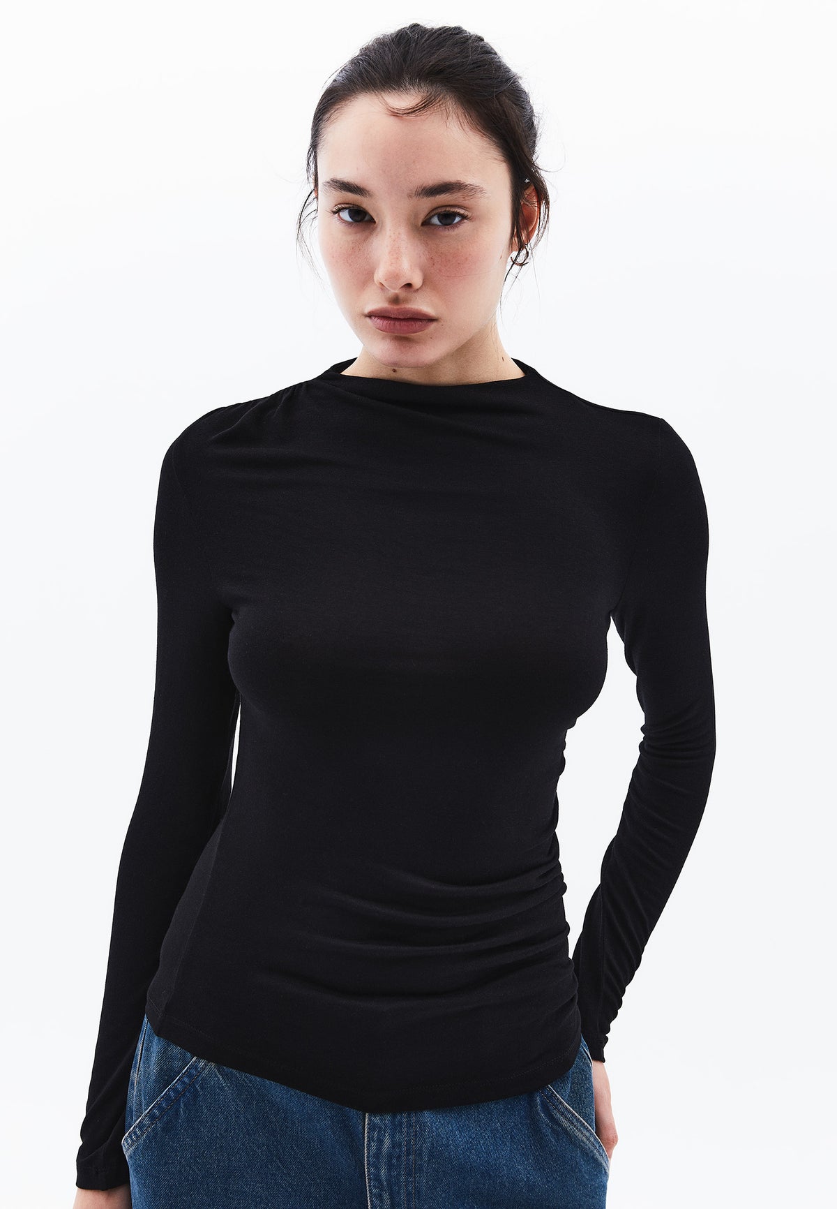 High Neck Ruched Long Sleeve T-Shirt - BLACK