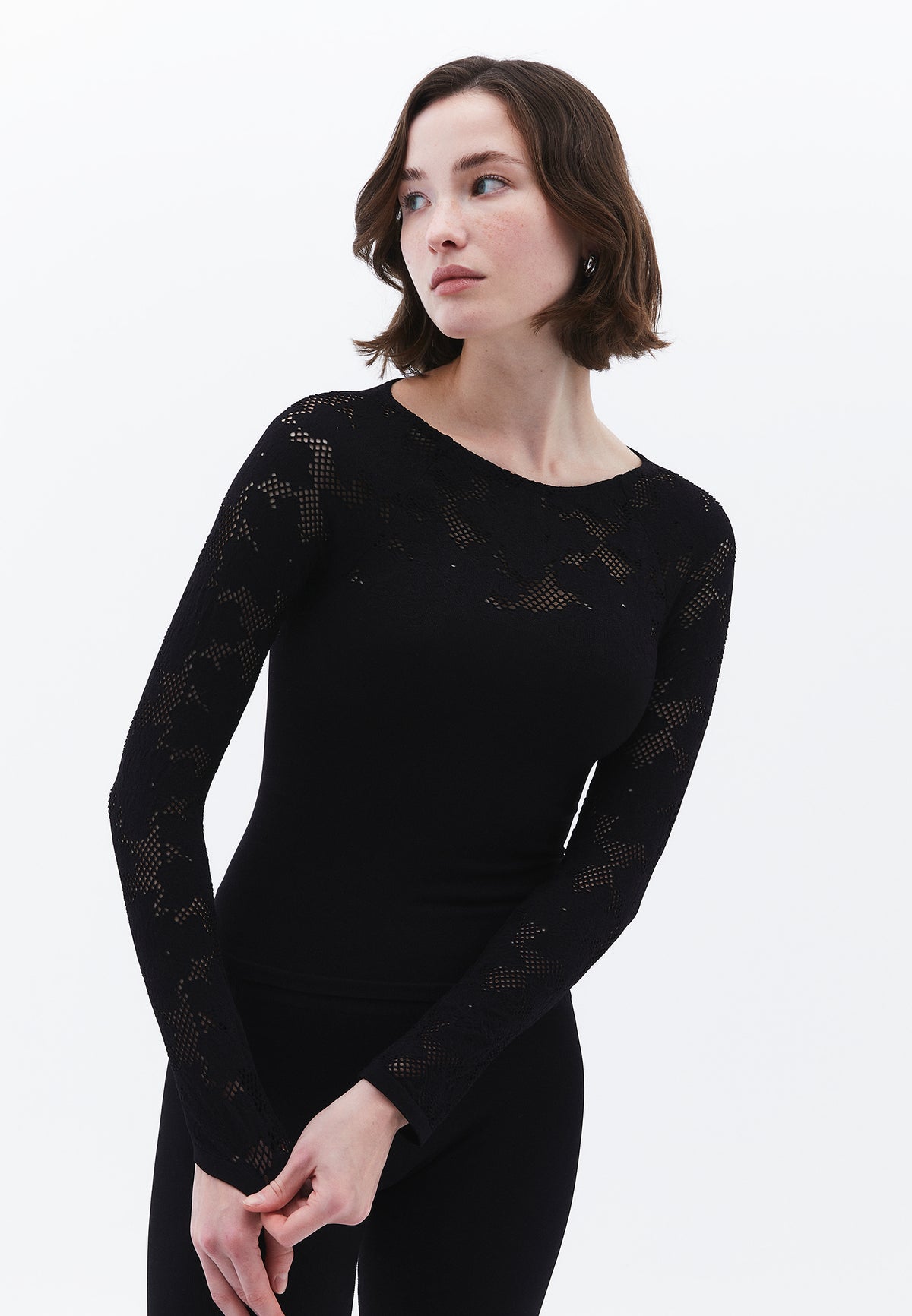 Jacquard Boat Neck Bodycon T-Shirt Long Sleeve - BLACK