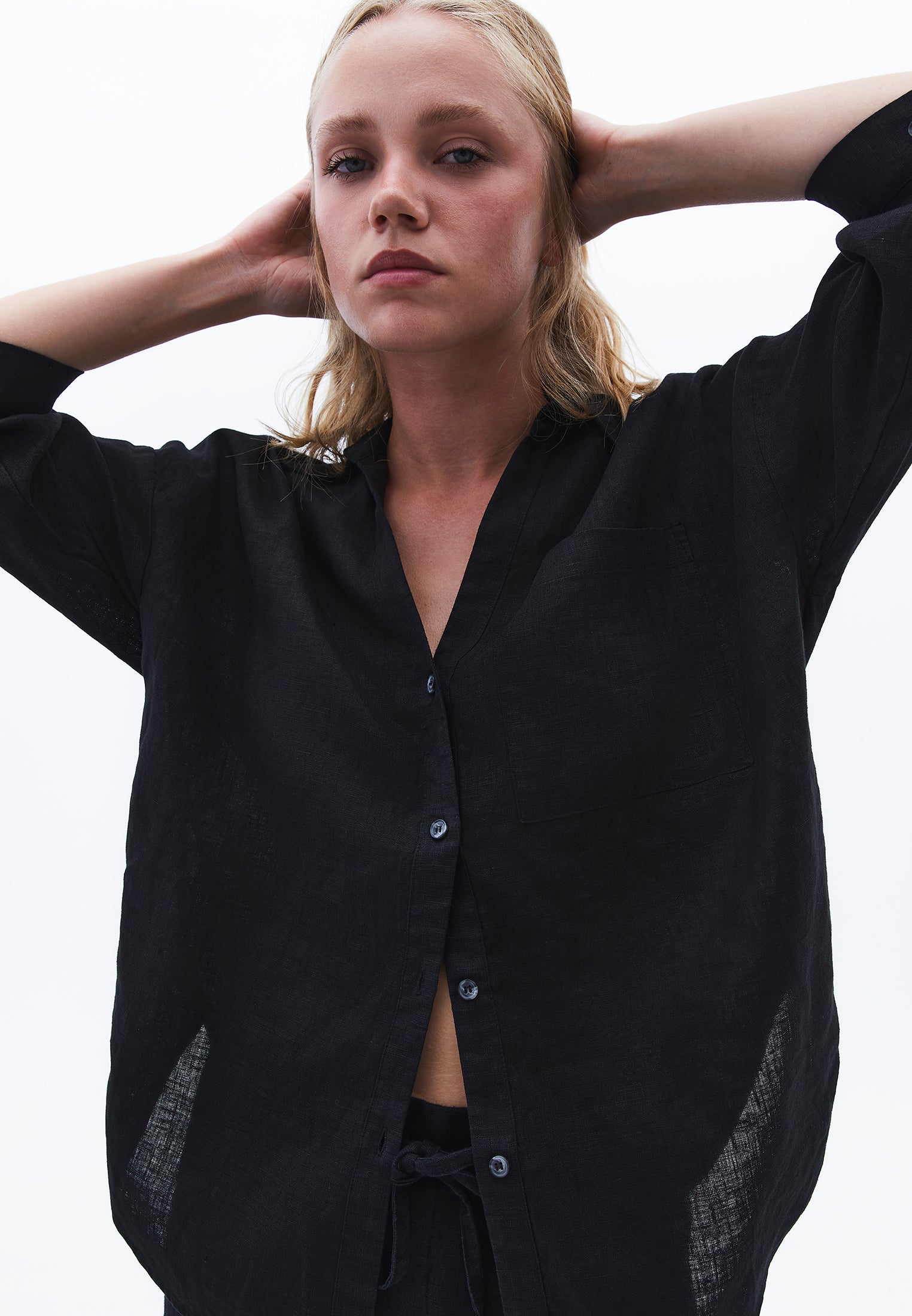 Shirt With Button Details At Tunic Length - BLACK