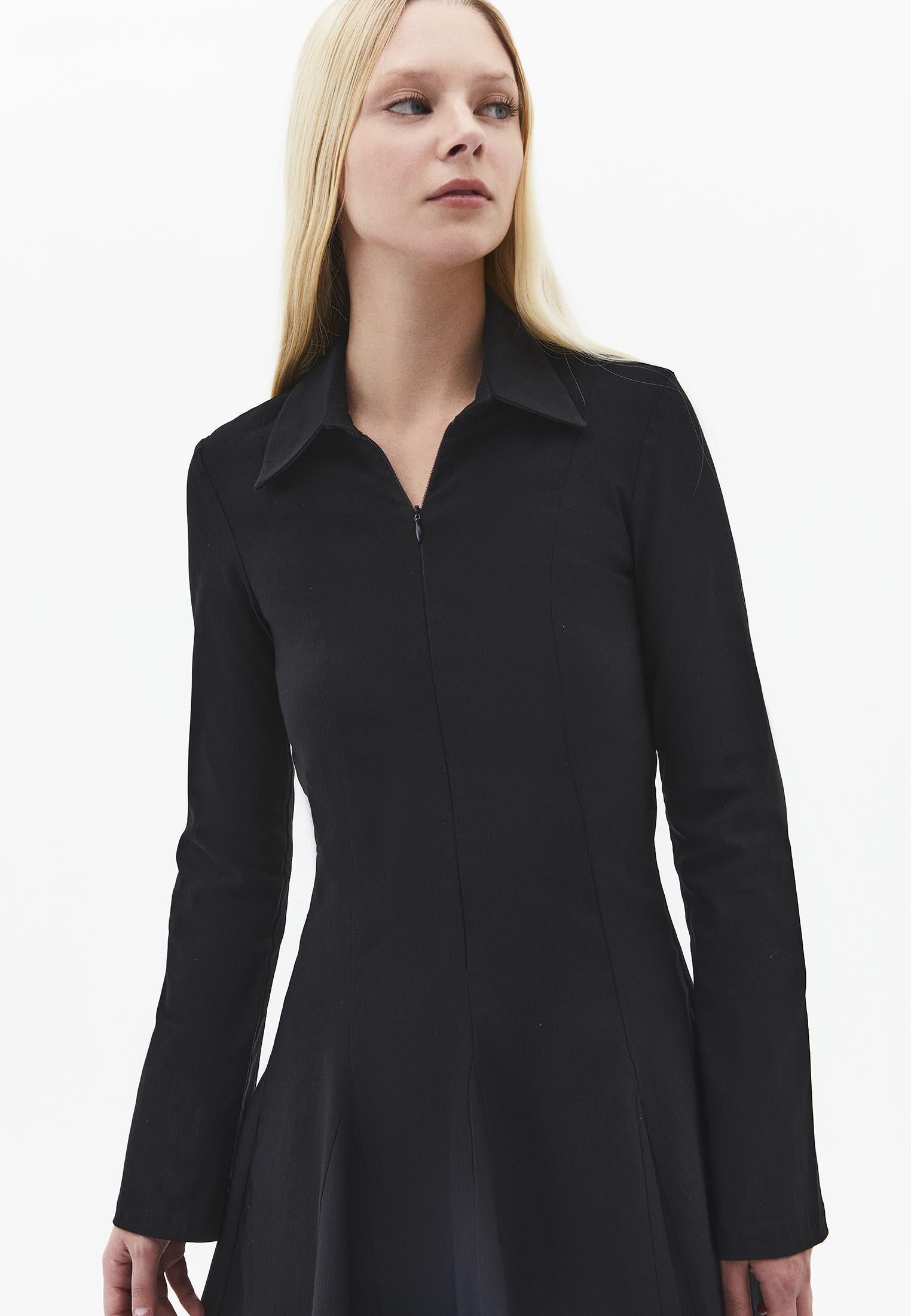 Short Dress With Shirt Collar And Zipper Detail - BLACK