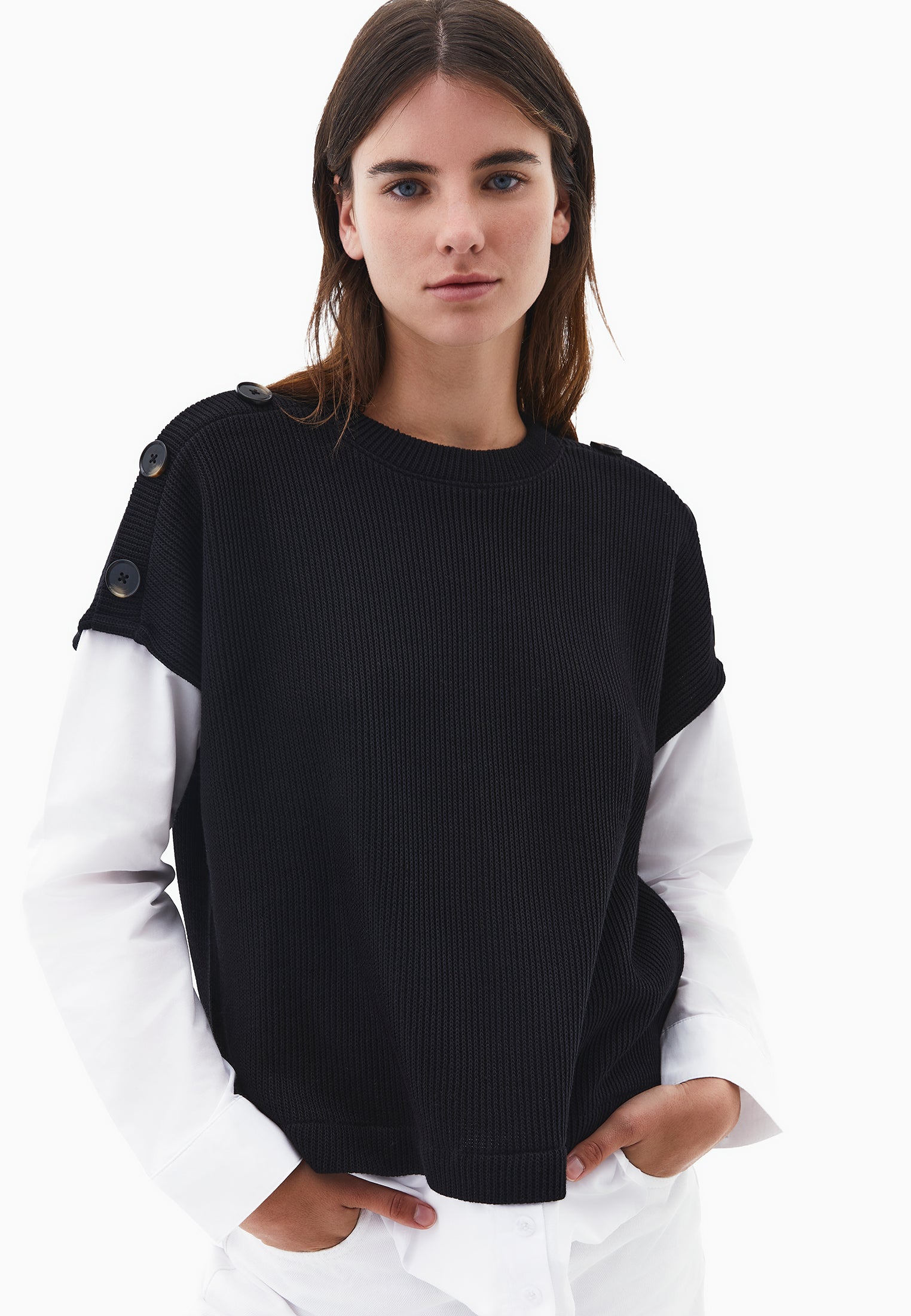 Button Detailed Long Sleeve Blouse - BLACK