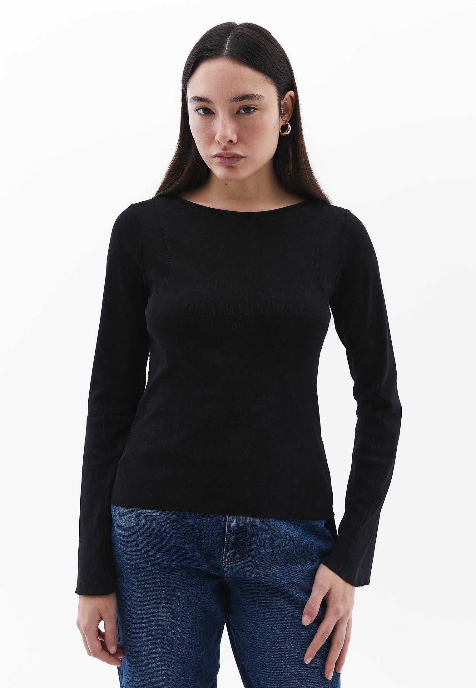 Boat Neck Long Sleeve Flared Sleeve T-Shirt - BLACK