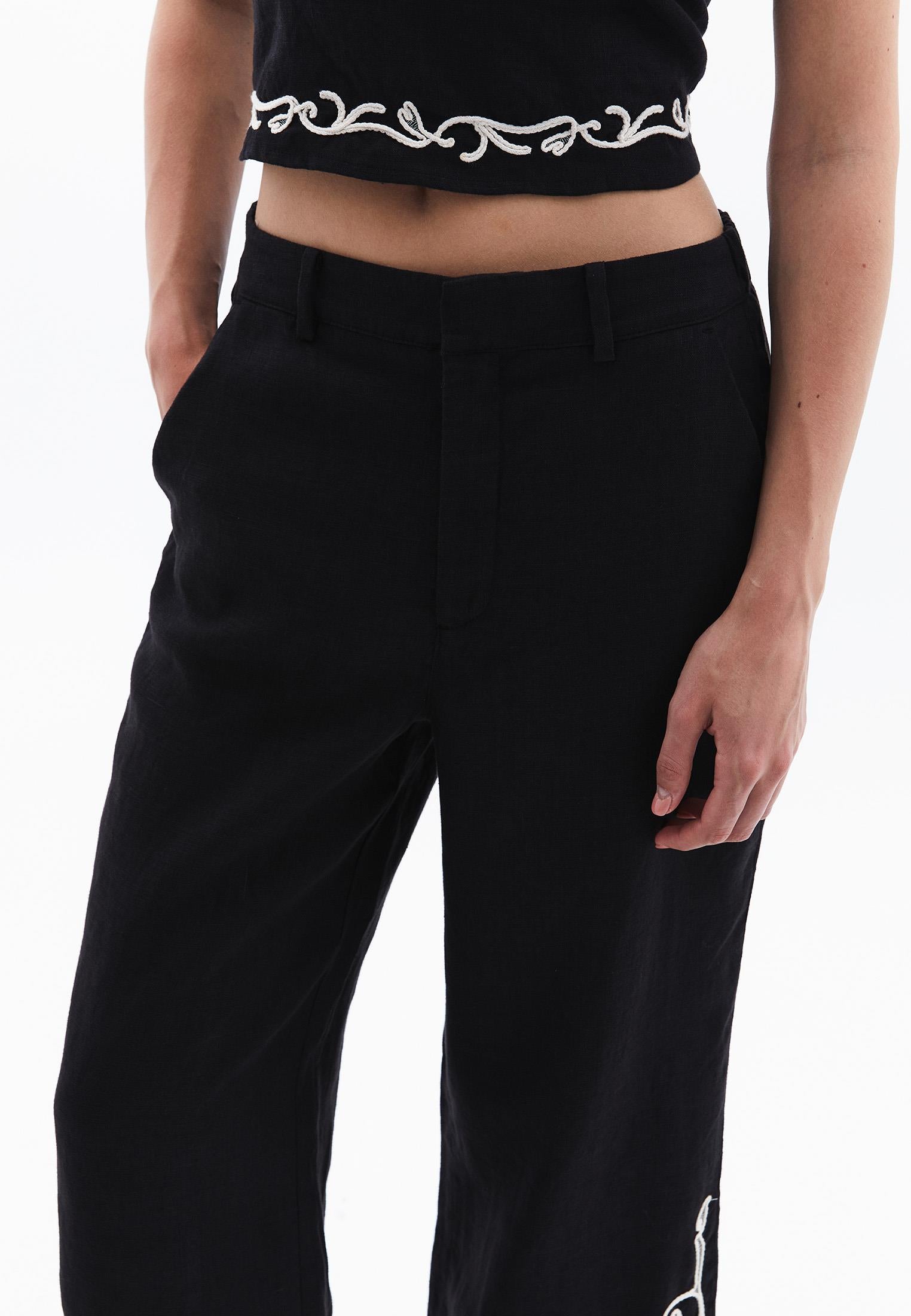 Ultra High Waist Embroidered Straight Leg Pants - BLACK