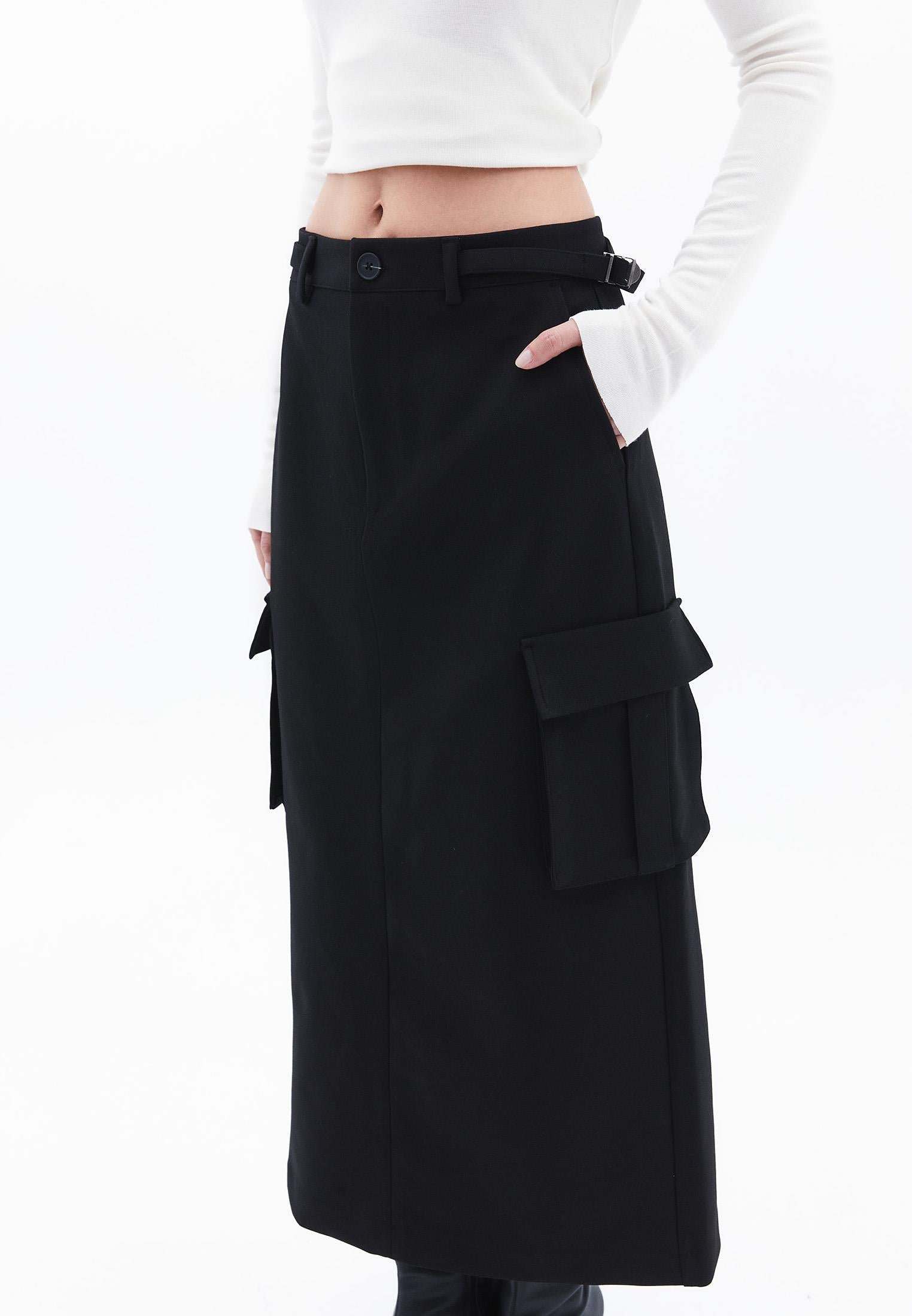 Long Slim High Waist Skirt With Pocket Details - BLACK