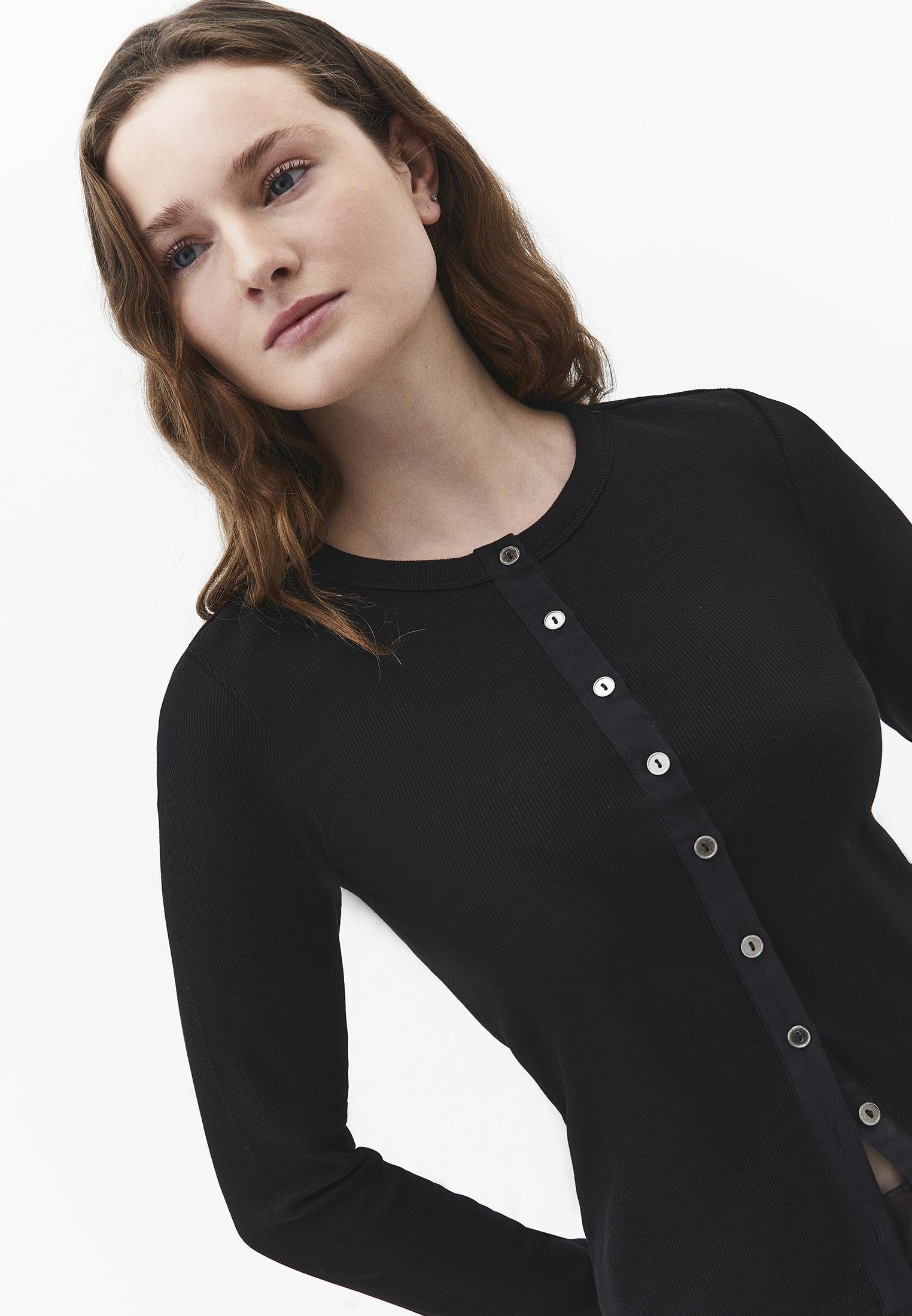 Button Detailed Crew Neck Long Sleeve T-Shirt - BLACK