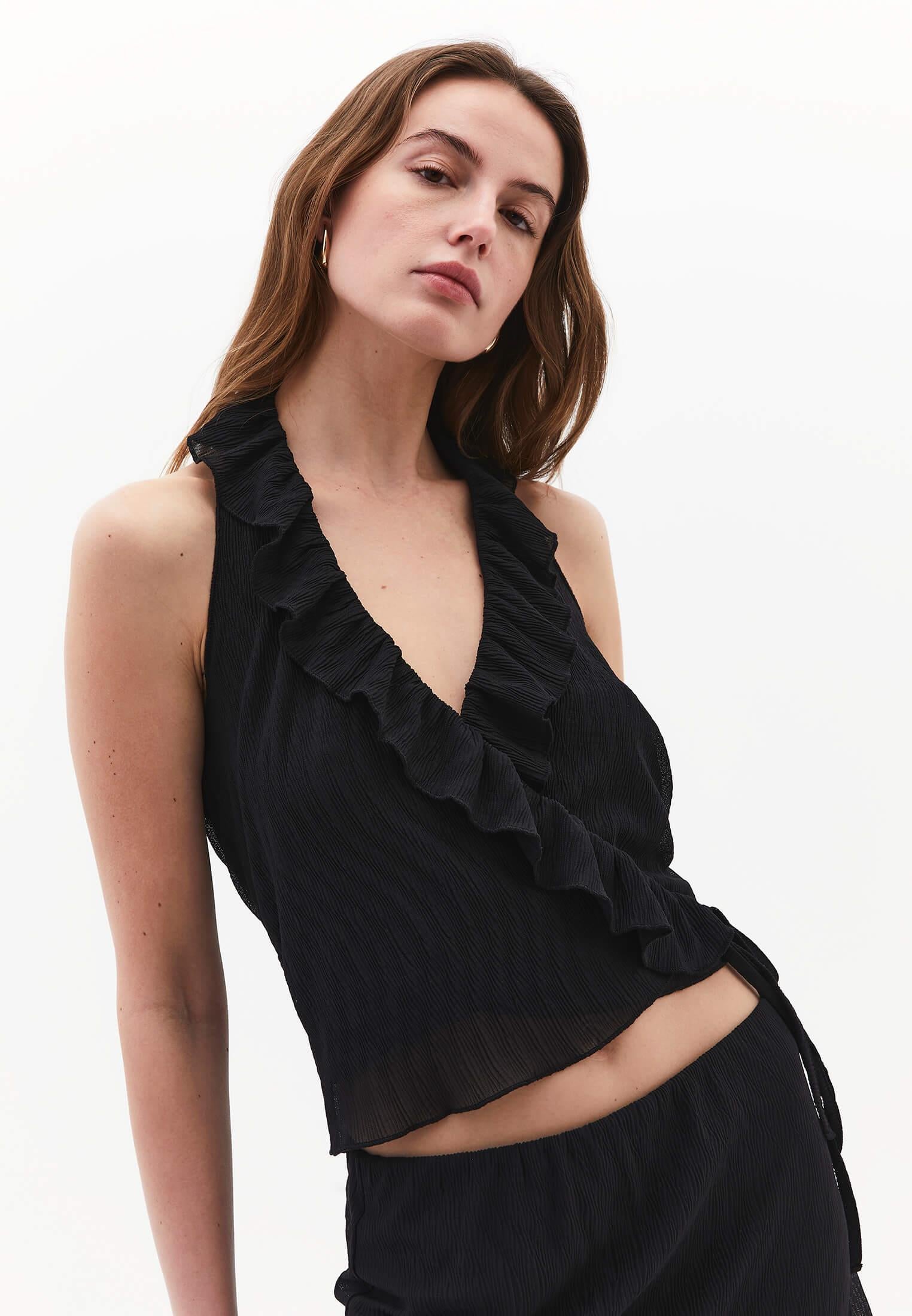V Neck Sleeveless Ruffled Detailed Blouse - BLACK