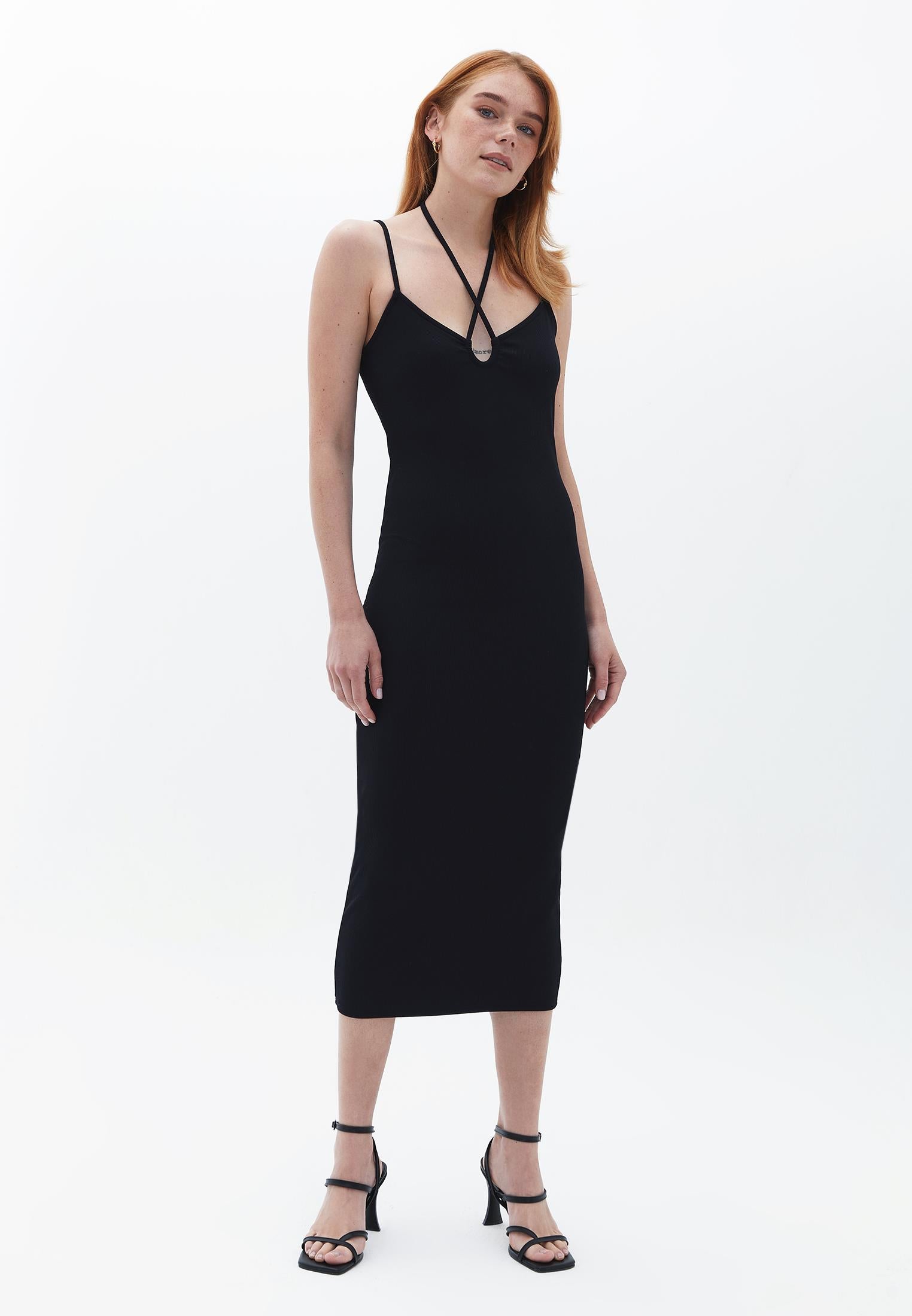 V Neck Tie Bodycon Midi Dress - BLACK