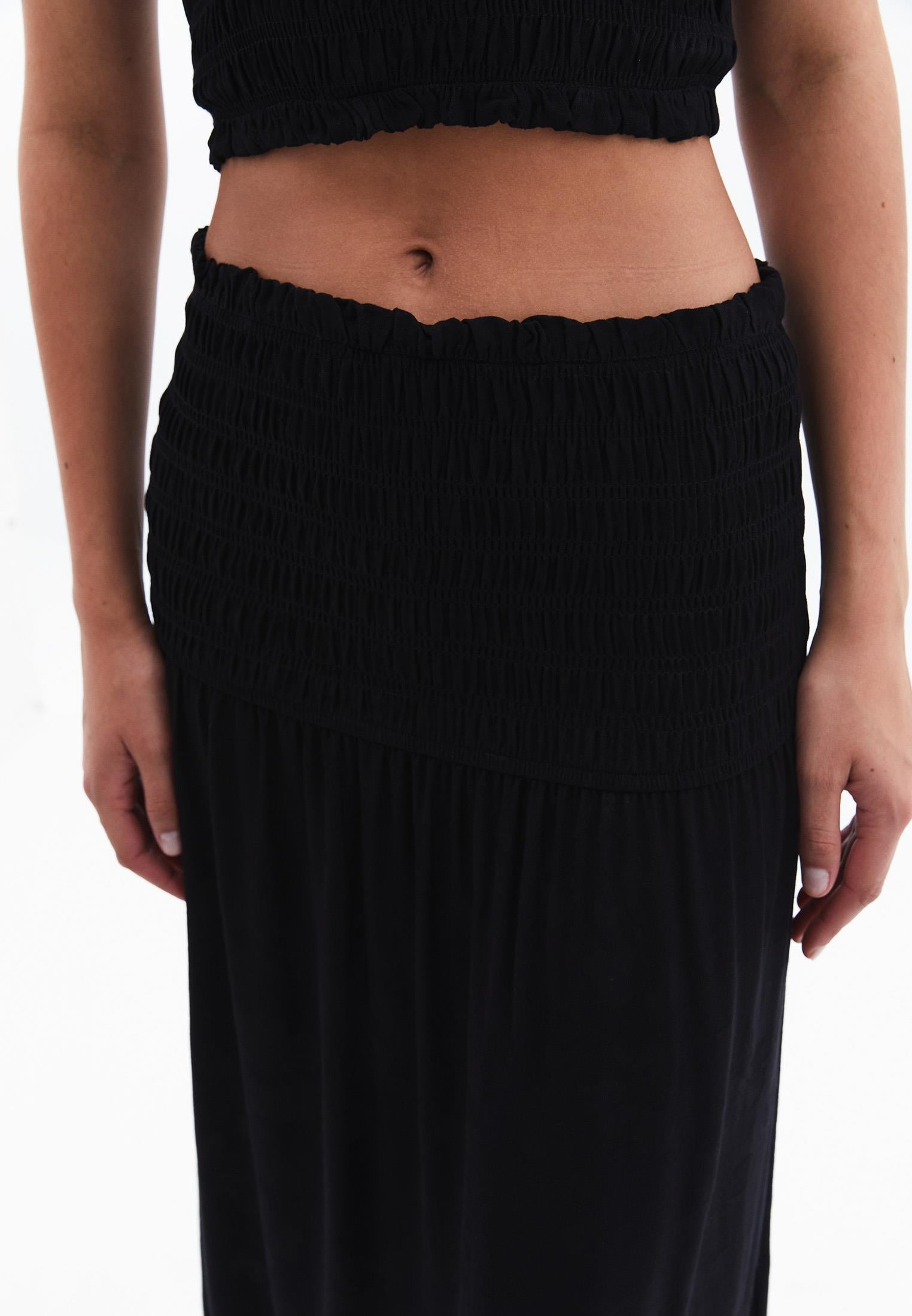 Flared Long High Waist Woven Skirt With Shirred Waist - BLACK