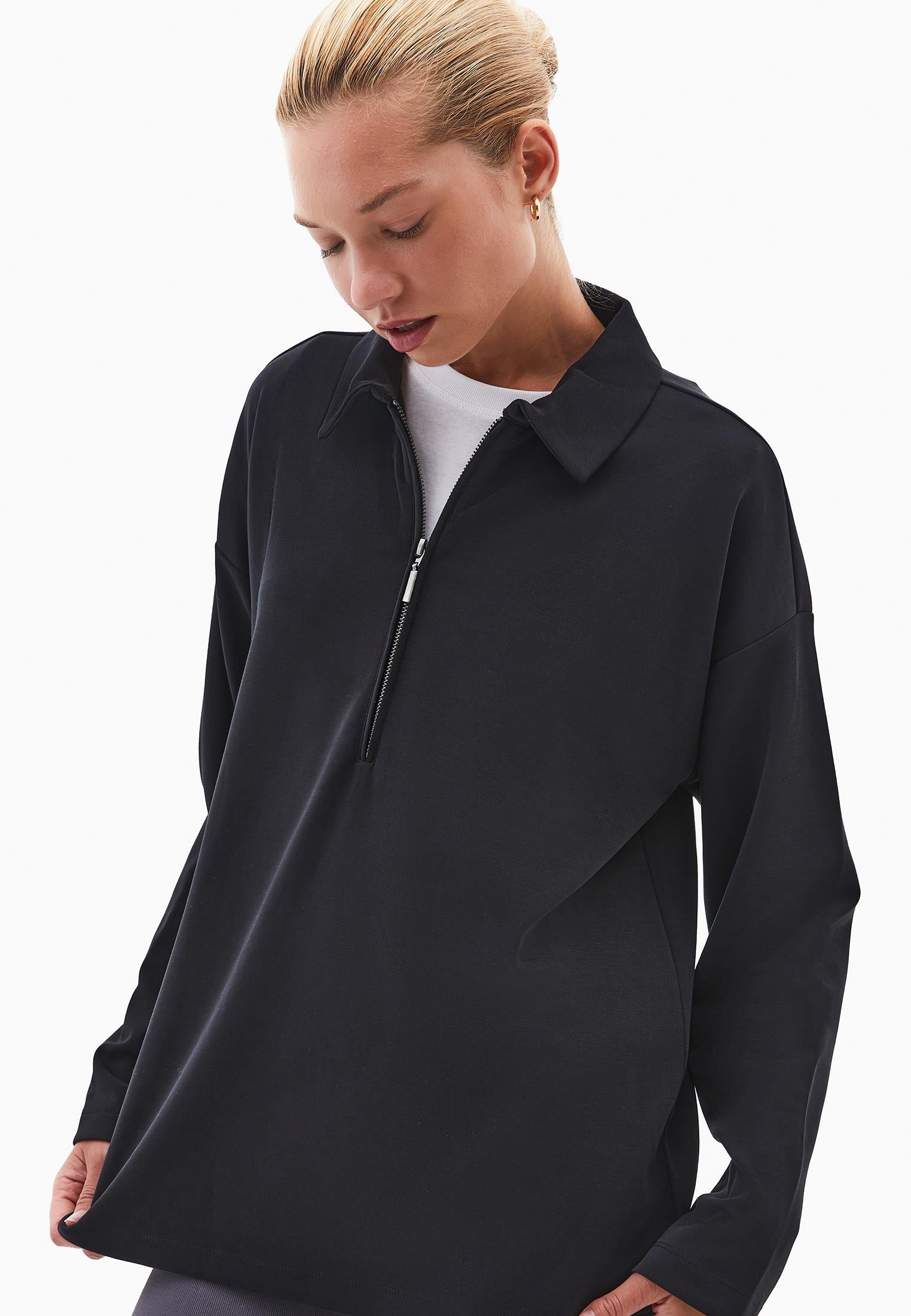 Polo Neck Oversize Sweatshirt - BLACK