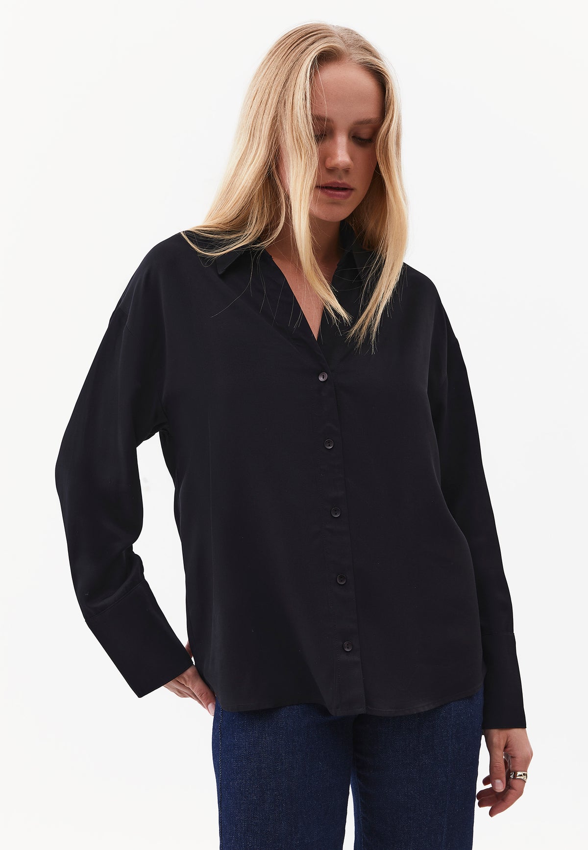 Long Sleeve Shirt with Button Detail and Shirt Collar - BLACK