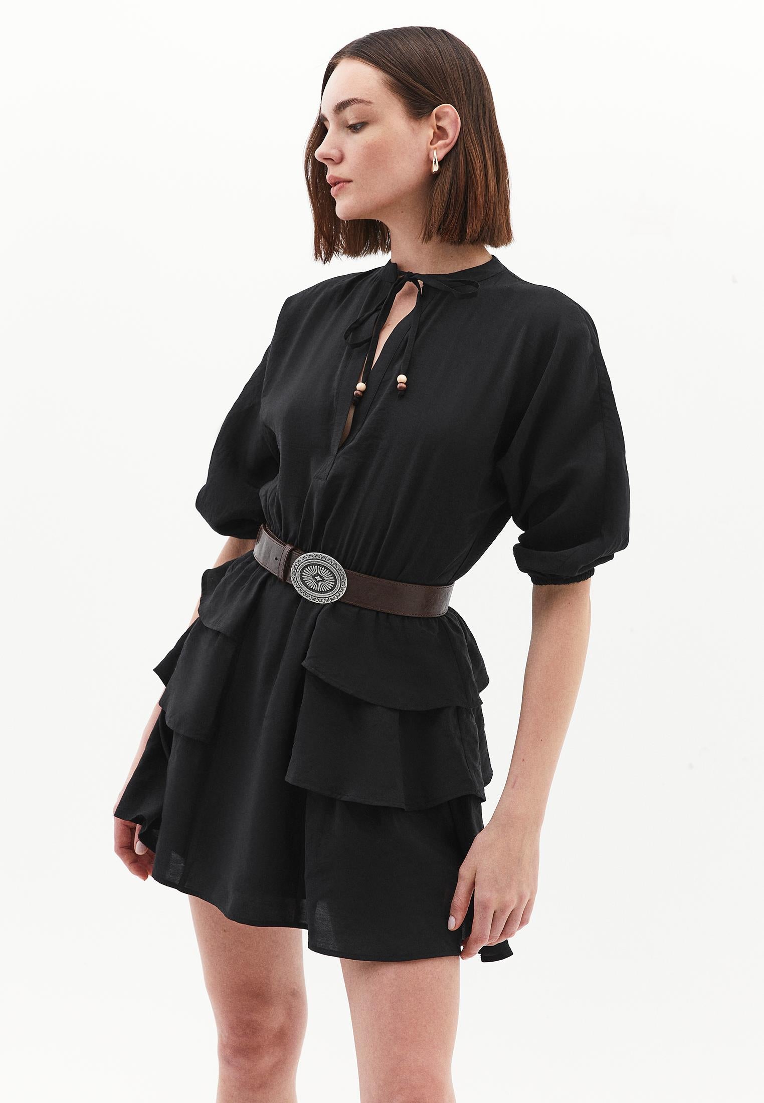 Draped V Neck Dress - BLACK