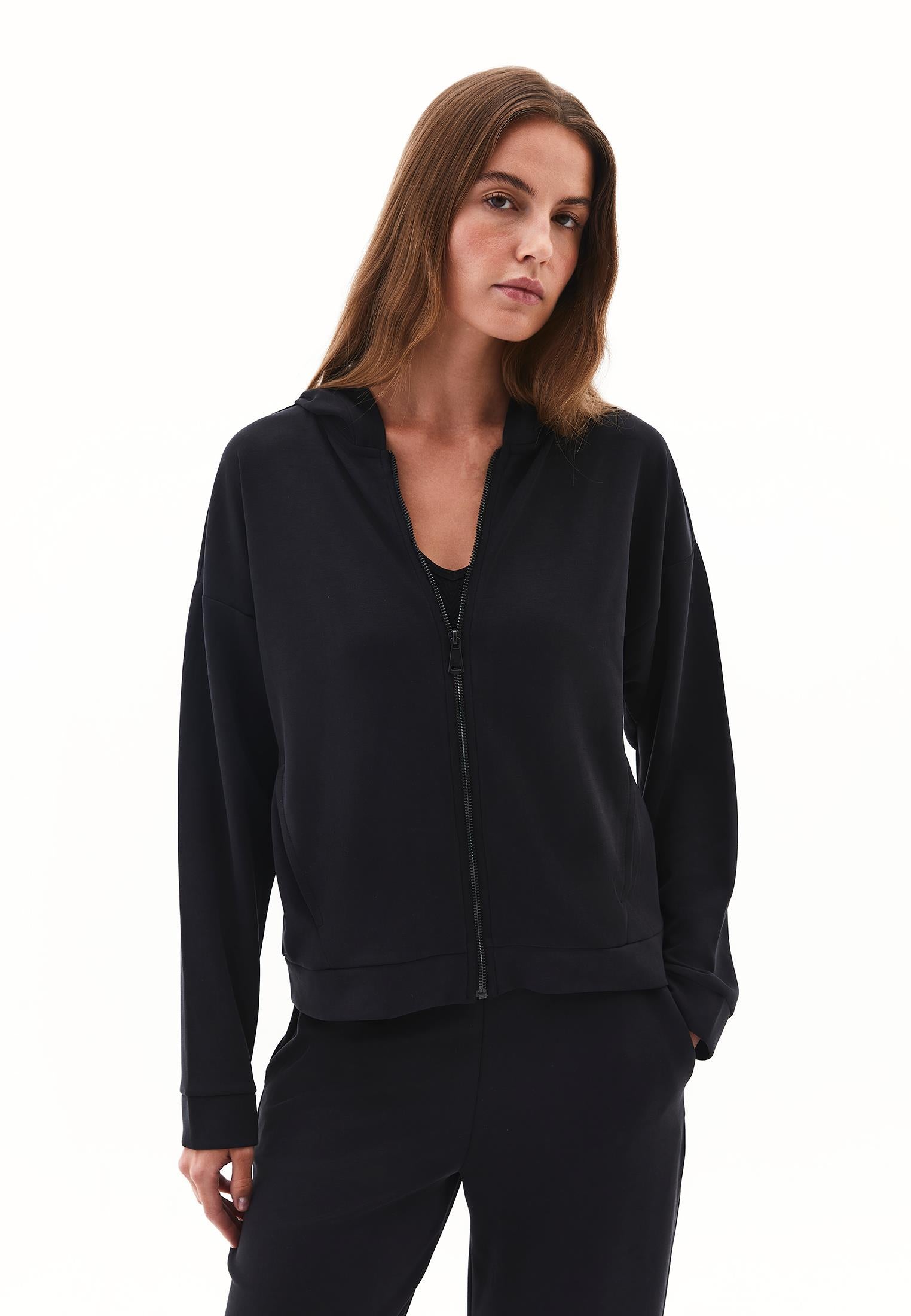 Hoodie With Pockets And Zipper Detail Sweatshirt - BLACK