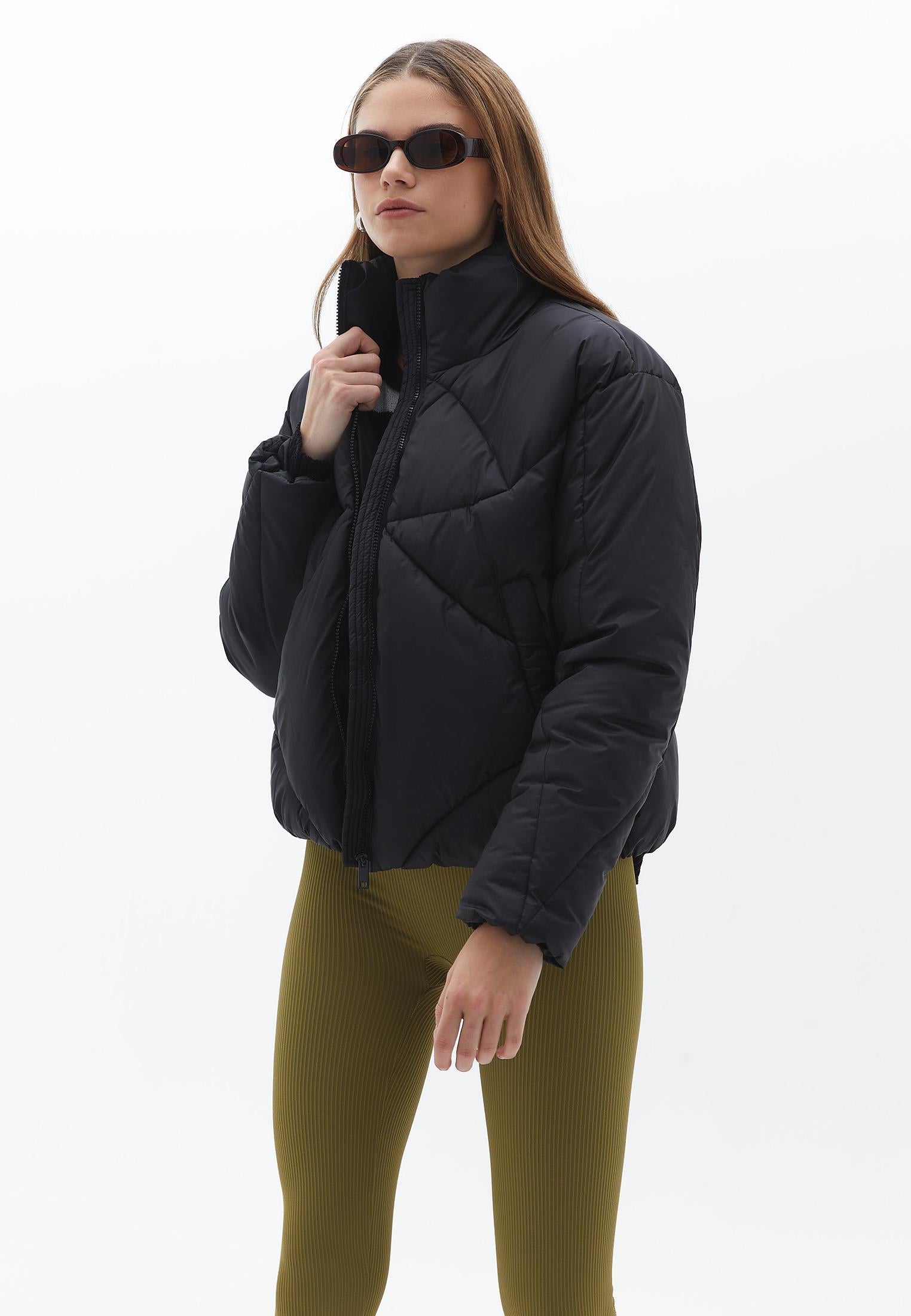 High Neck Long Sleeve Coat - BLACK