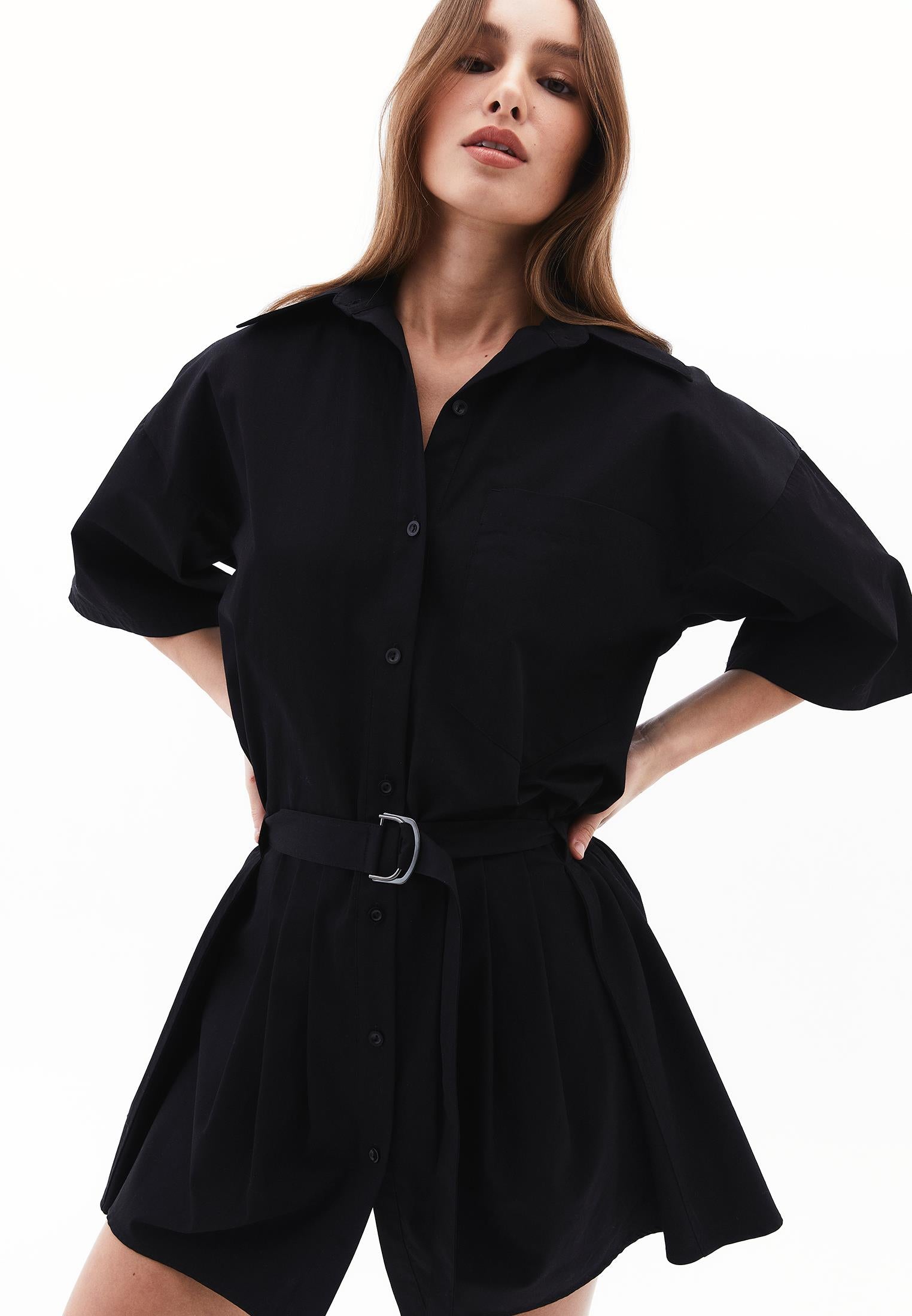 Oversize Short Shirt Collar Women Dress - BLACK