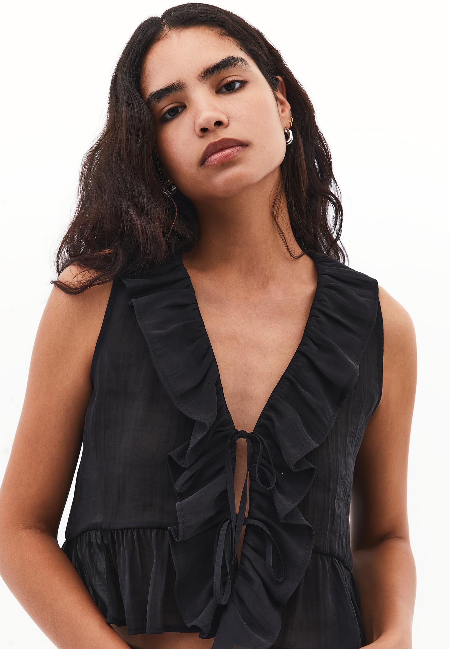 Sleeveless Blouse With Ruffle Detail And V Neck - BLACK