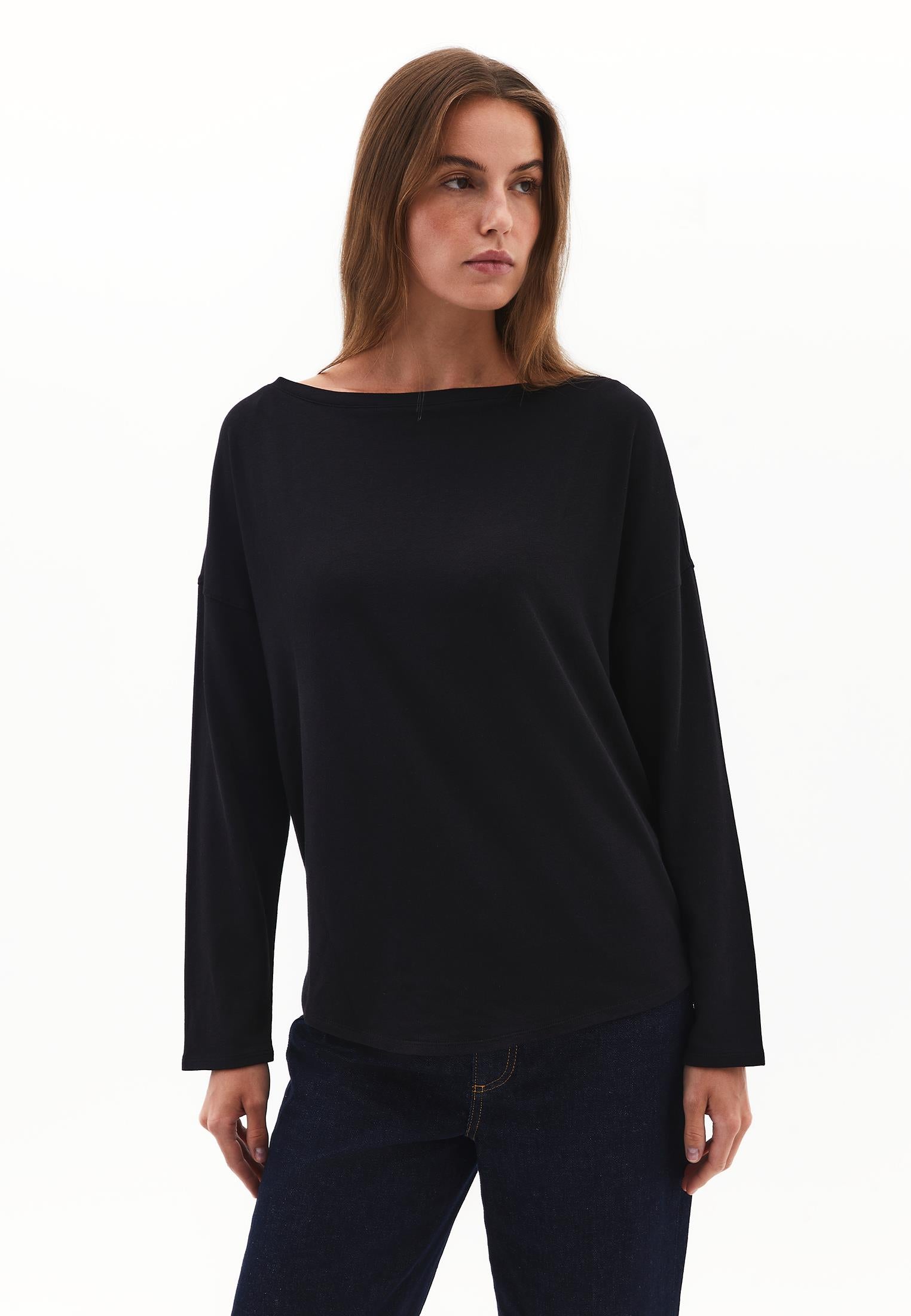Boat Neck Loose Knit Look Sweater - BLACK