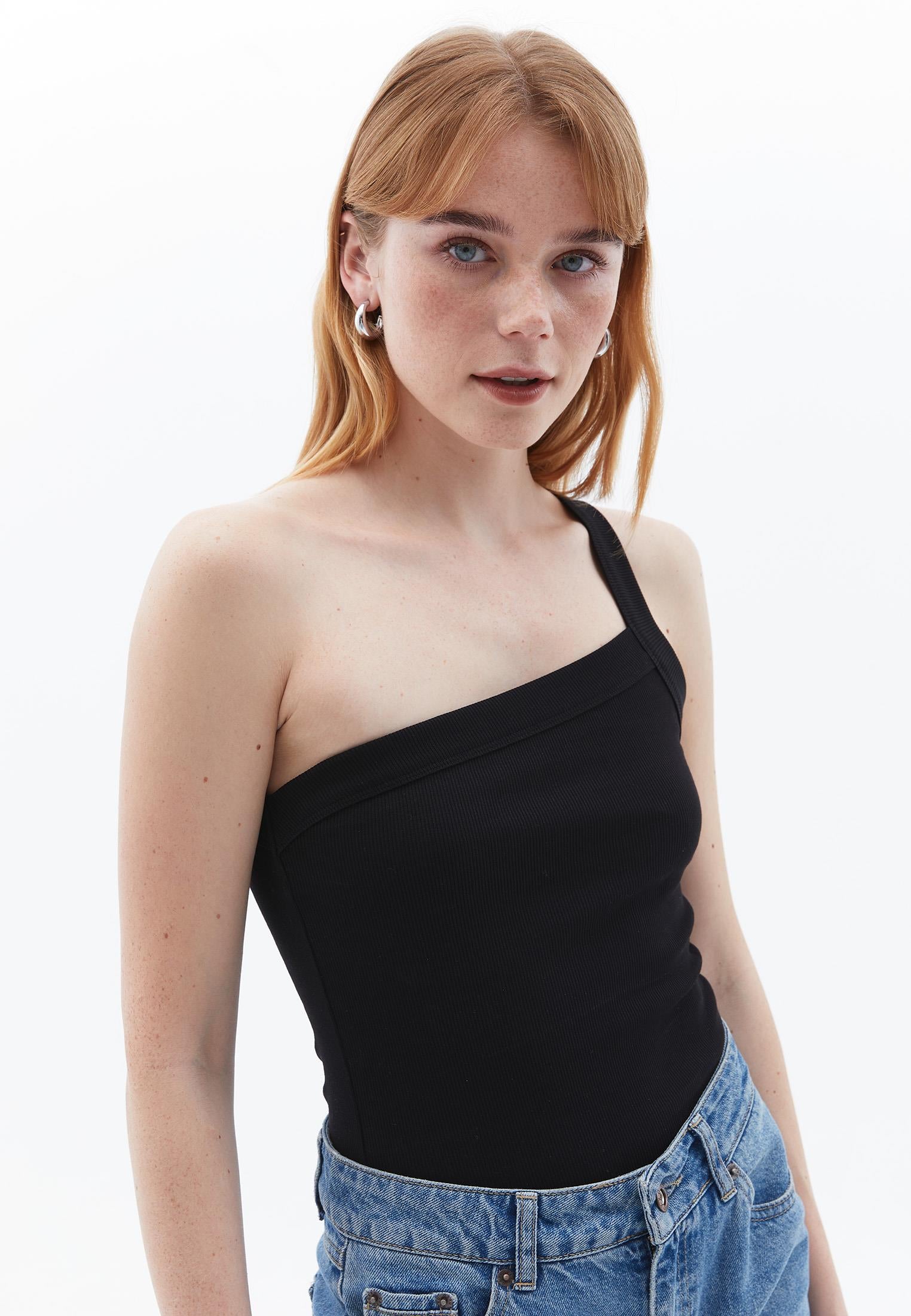 One Shoulder Asymmetric Tank Top - BLACK
