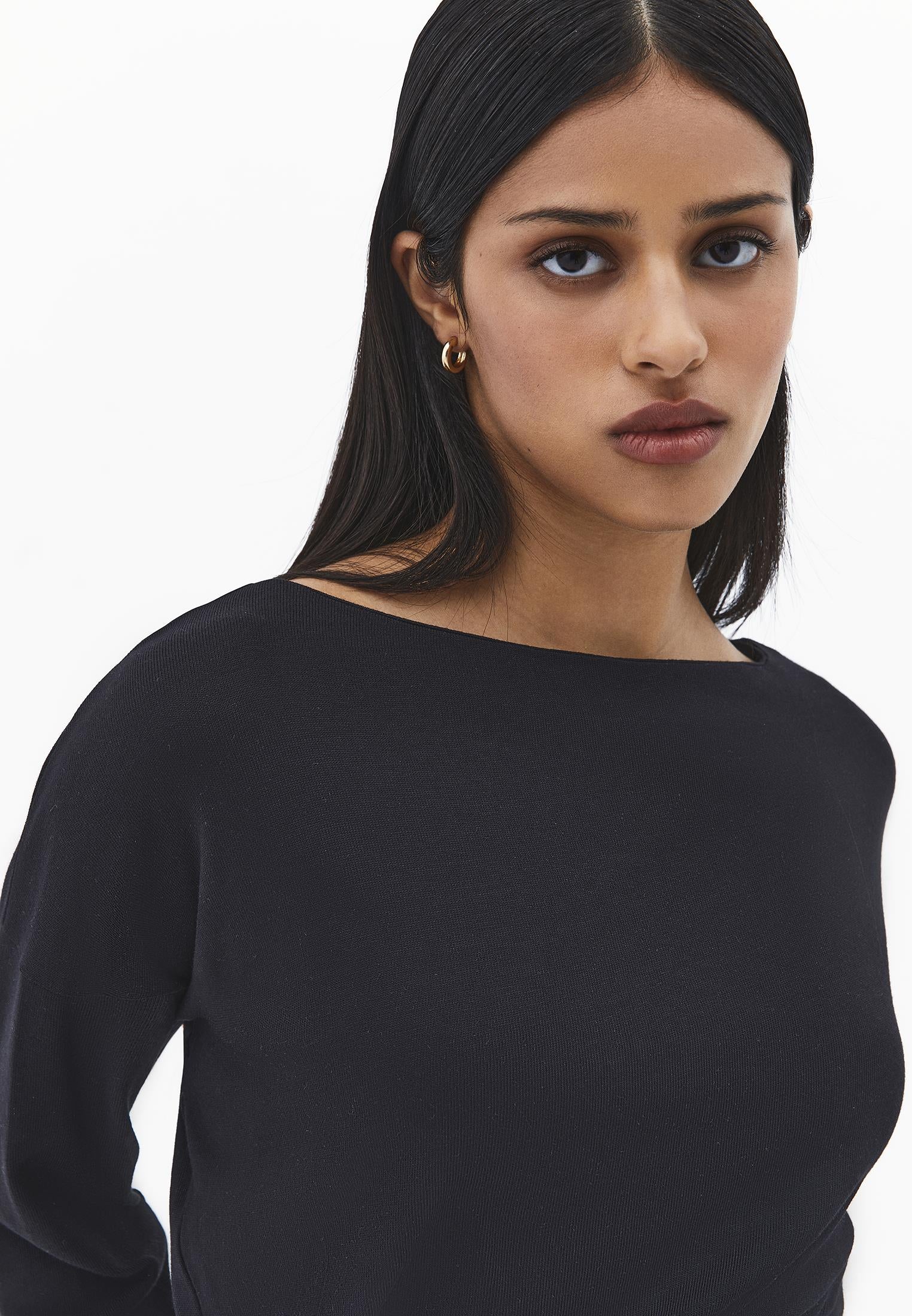Boat Neck Long Sleeve Sweater - BLACK
