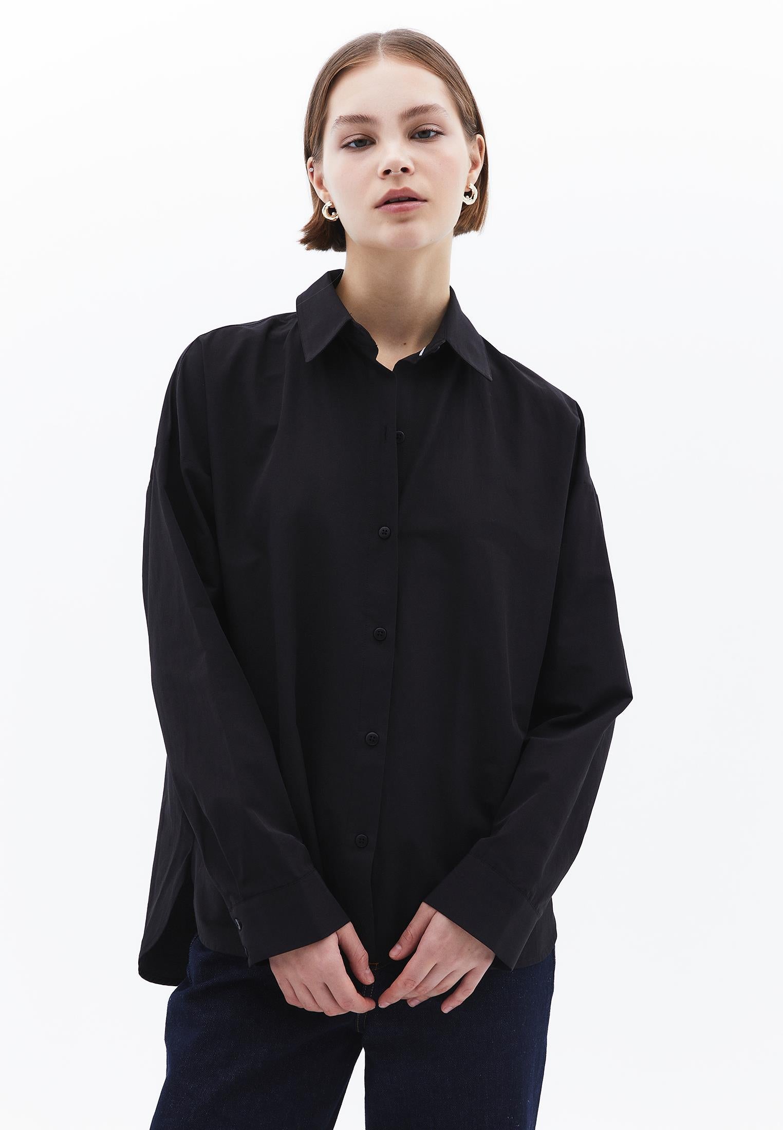 Shirt Collar Loose Woven Shirt - BLACK