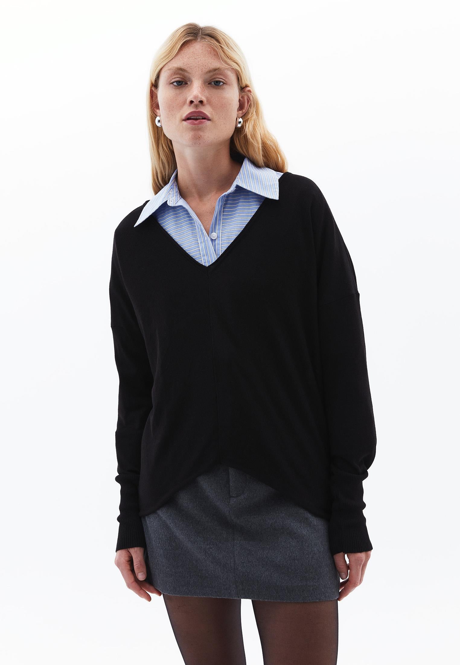 V Neck Long Sleeve Knitwear - BLACK