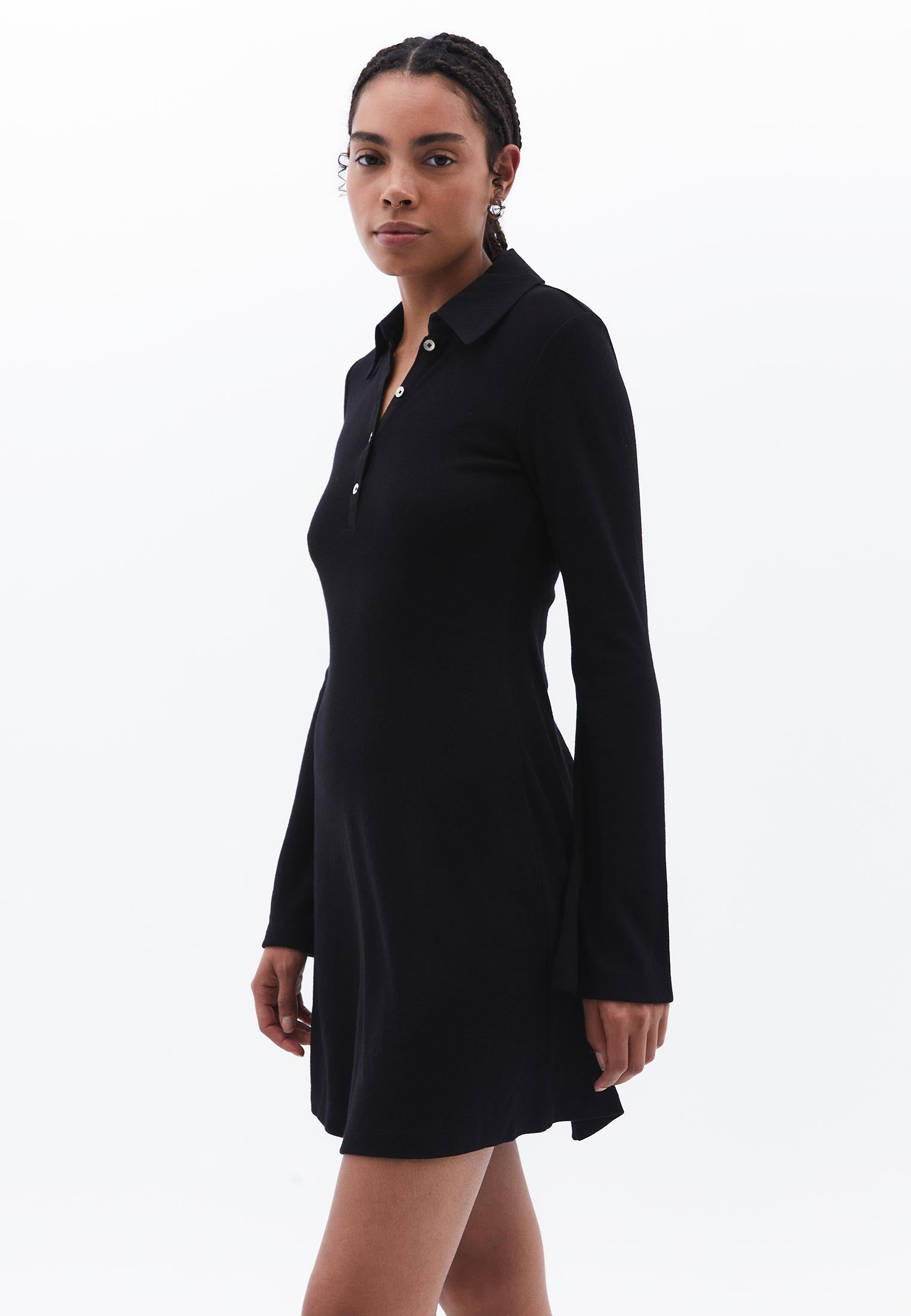 Polo Neck Long Sleeve Short Dress - BLACK