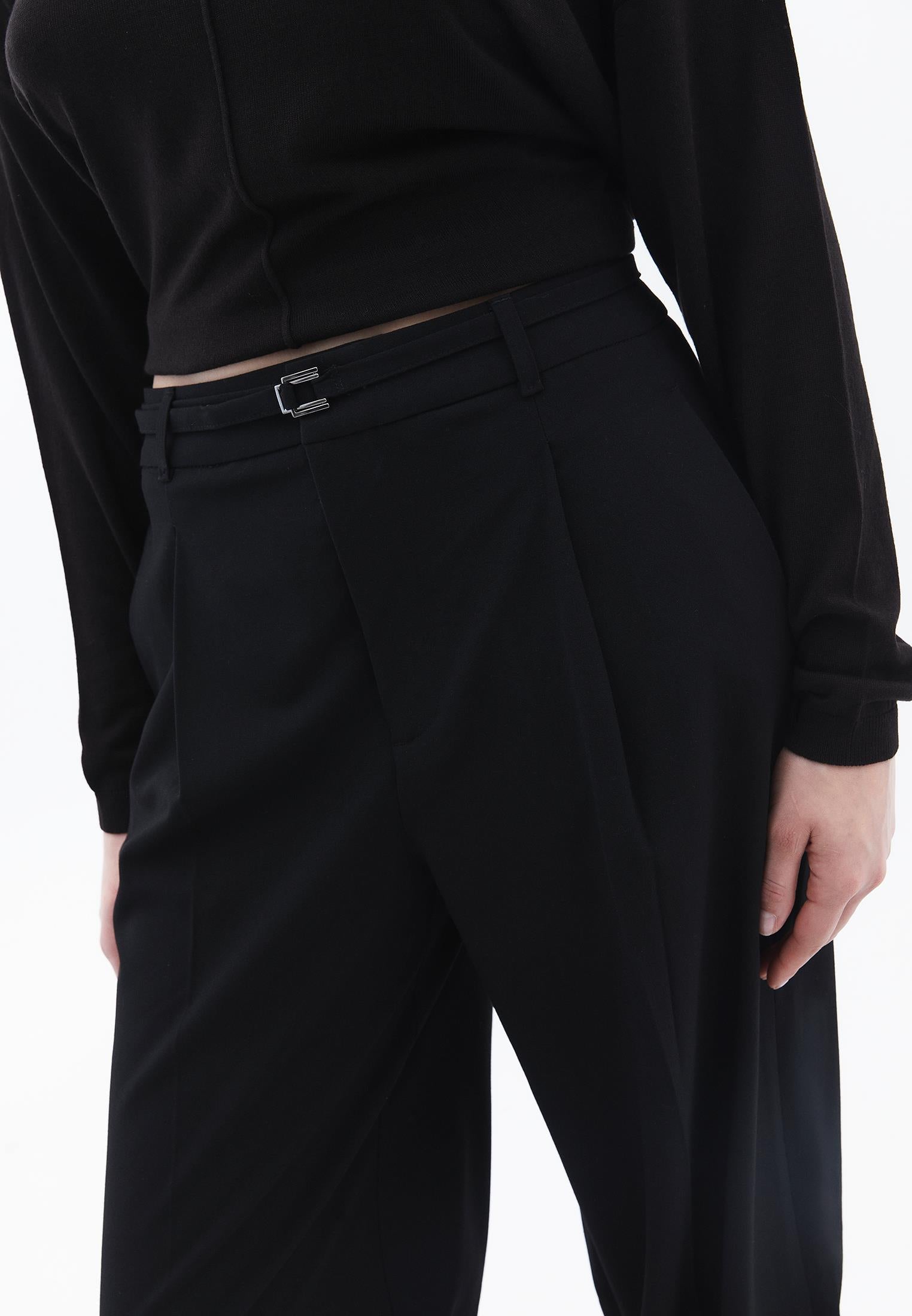 Straight Pants With Belt Detail - BLACK