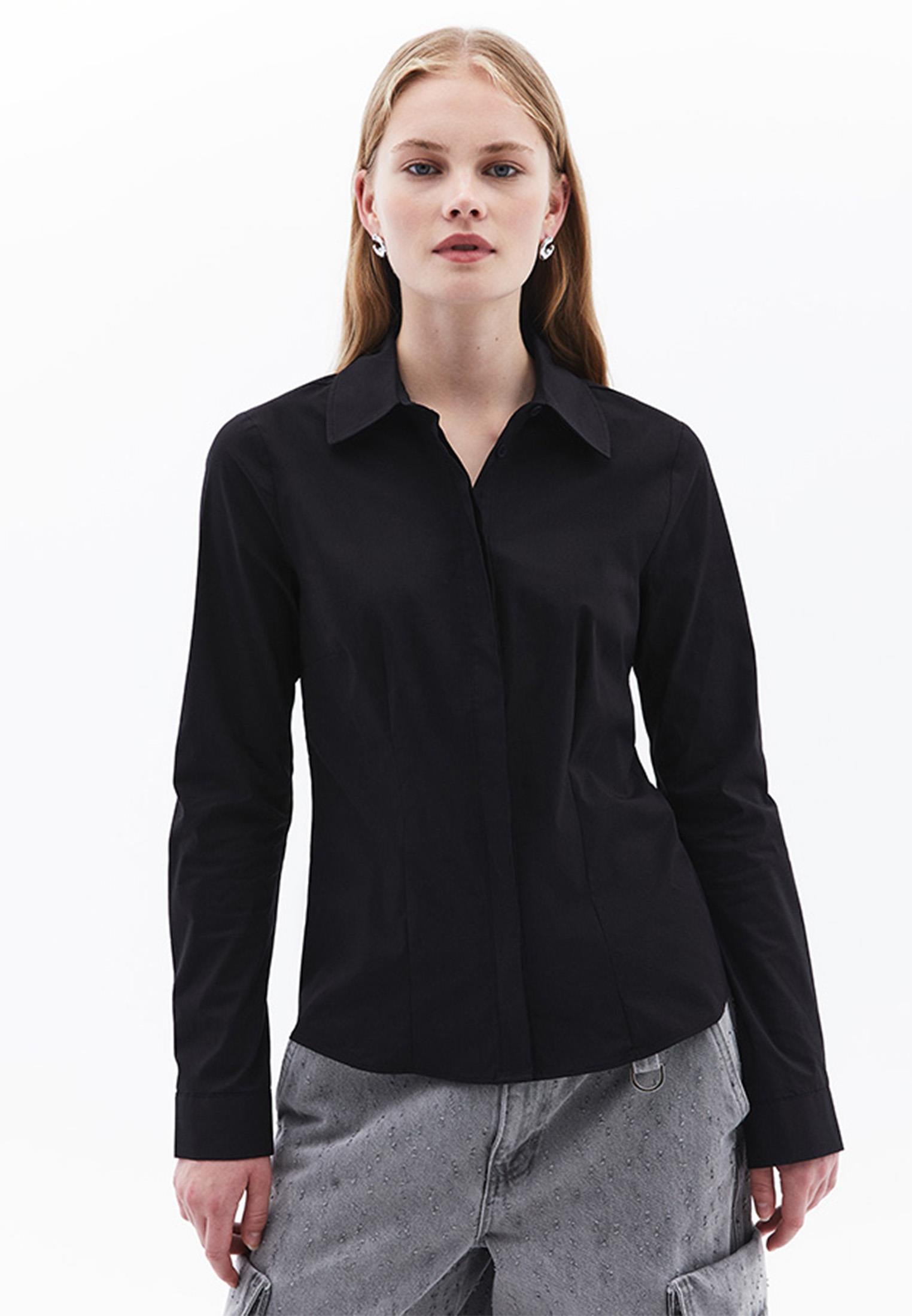 Woven Standard Long Sleeve Shirt - BLACK