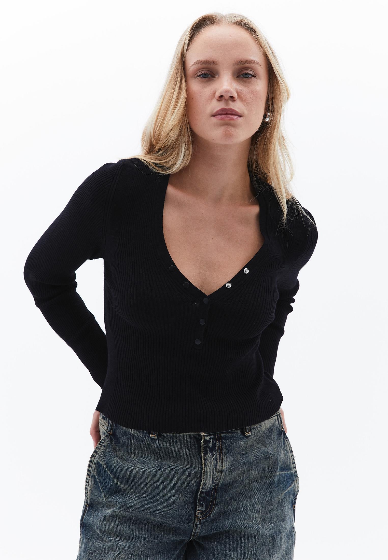 V Neck Long Sleeve Sweater - BLACK