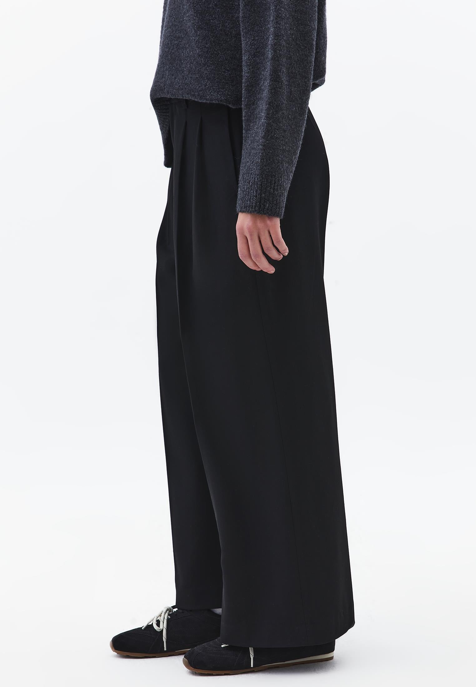 Wide Leg High Waist Pants - BLACK