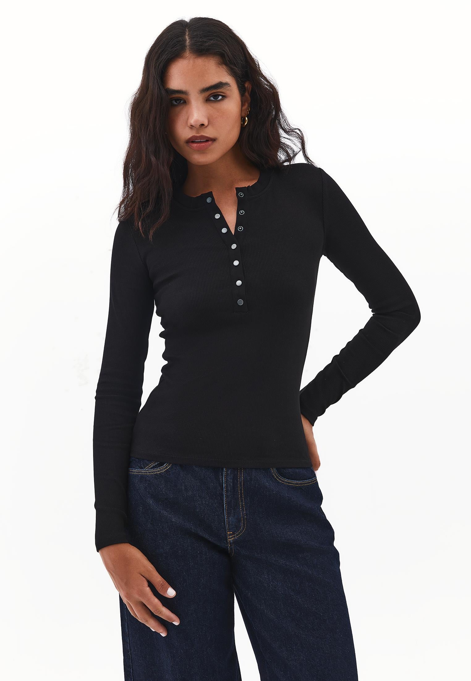 Long Sleeve Crew Neck Bodycon T-Shirt - BLACK