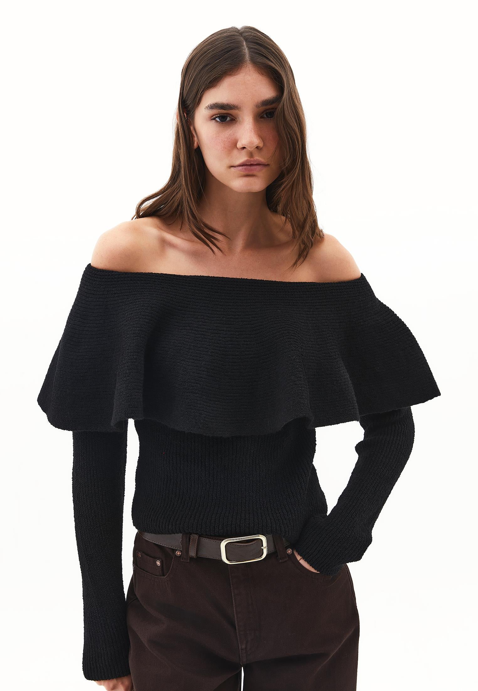 Dropped Shoulder Knit Sweater - BLACK