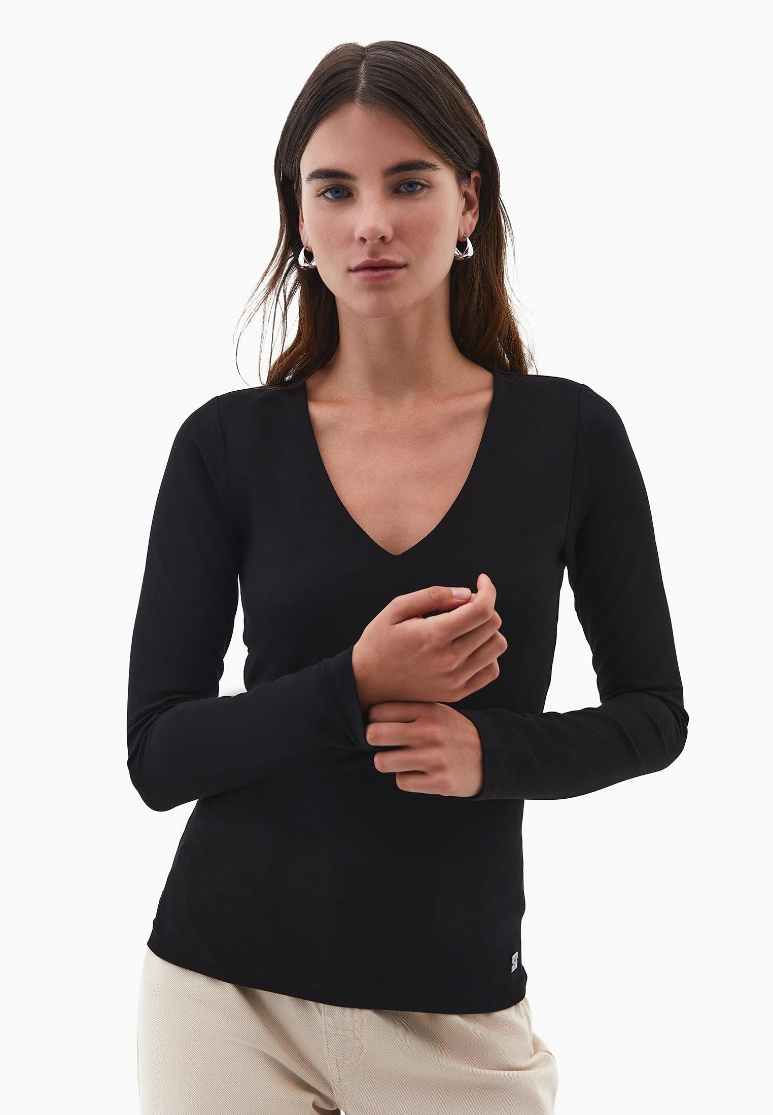 V Neck Long Sleeve Bodycon T-Shirt - BLACK