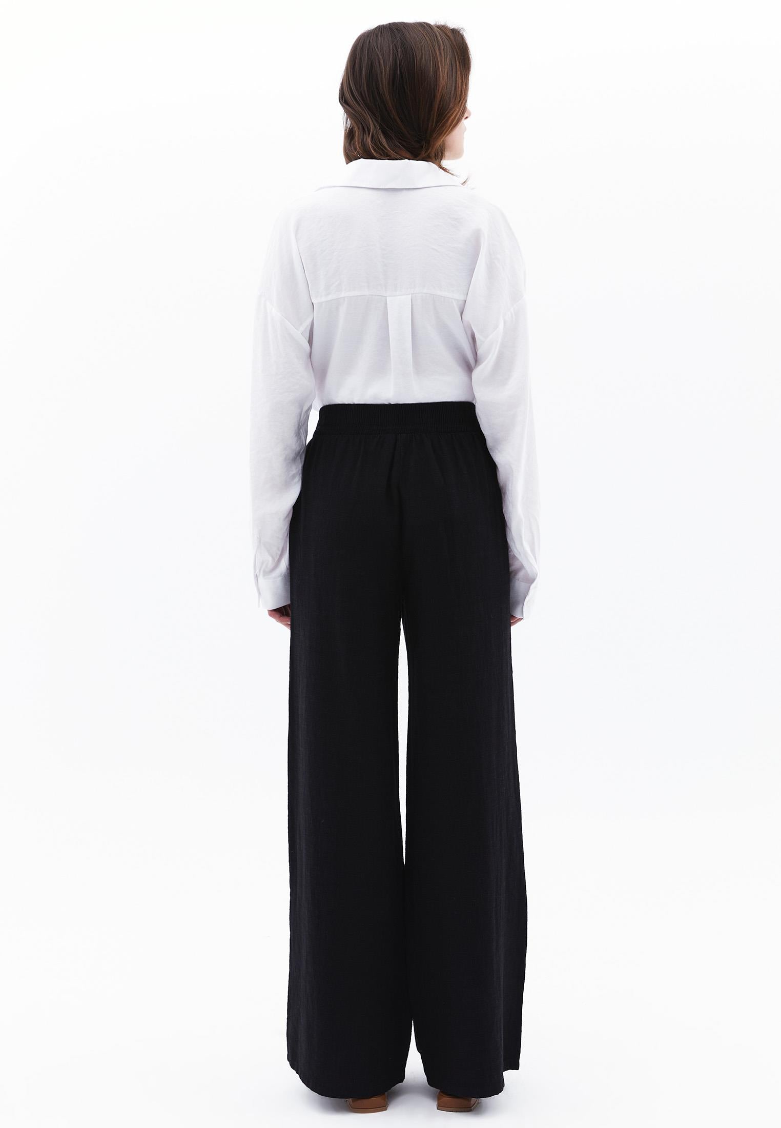 High Waist Wide Leg Elastic Waist Pants - BLACK
