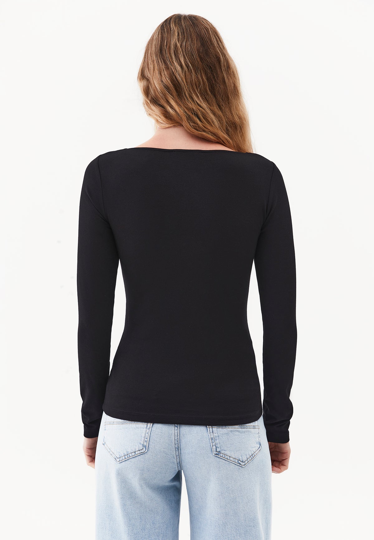 Long Sleeve U Neck Bodycon T-Shirt - BLACK