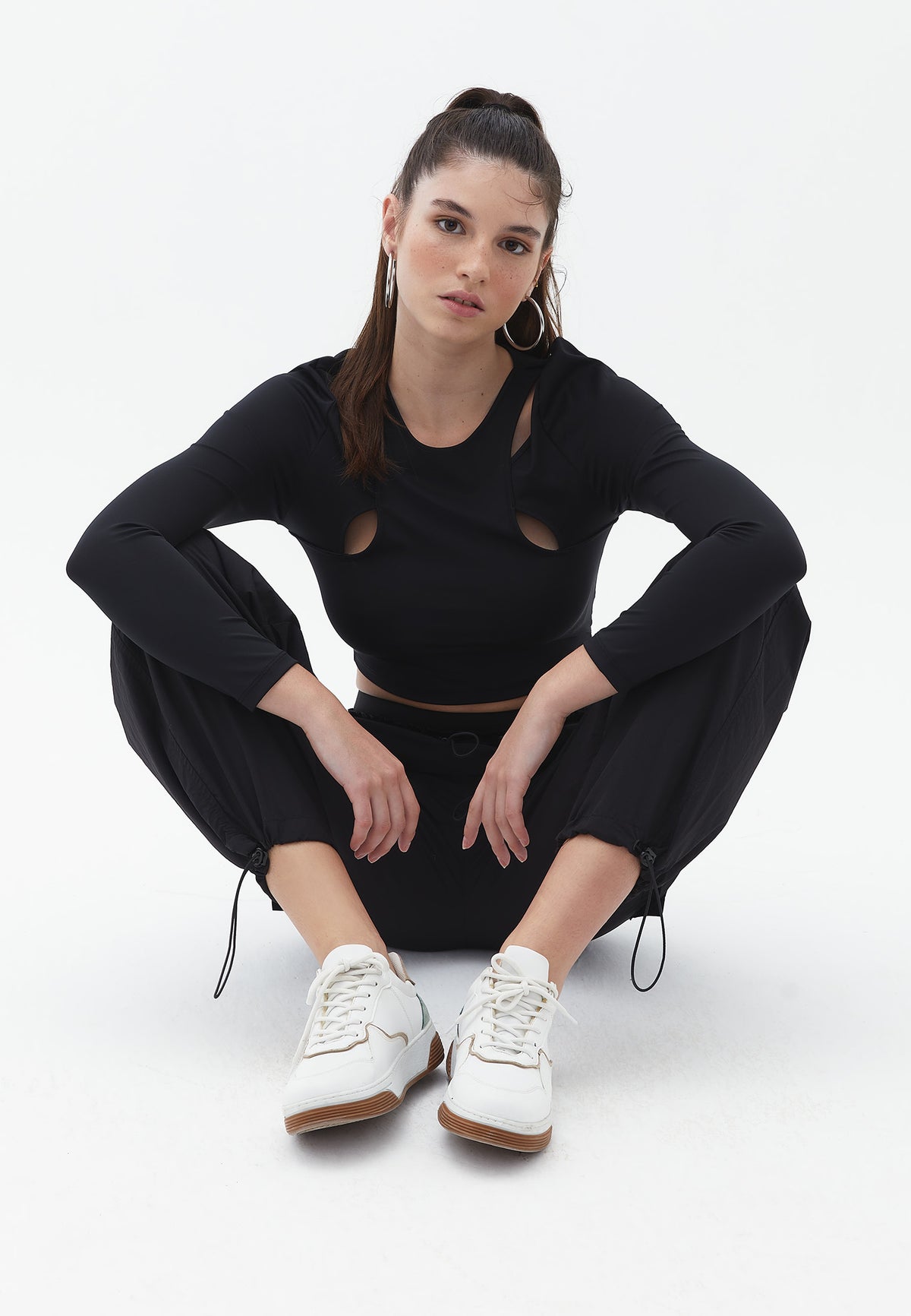 Asymmetric Neck Long Sleeve Cropped T-Shirt - BLACK