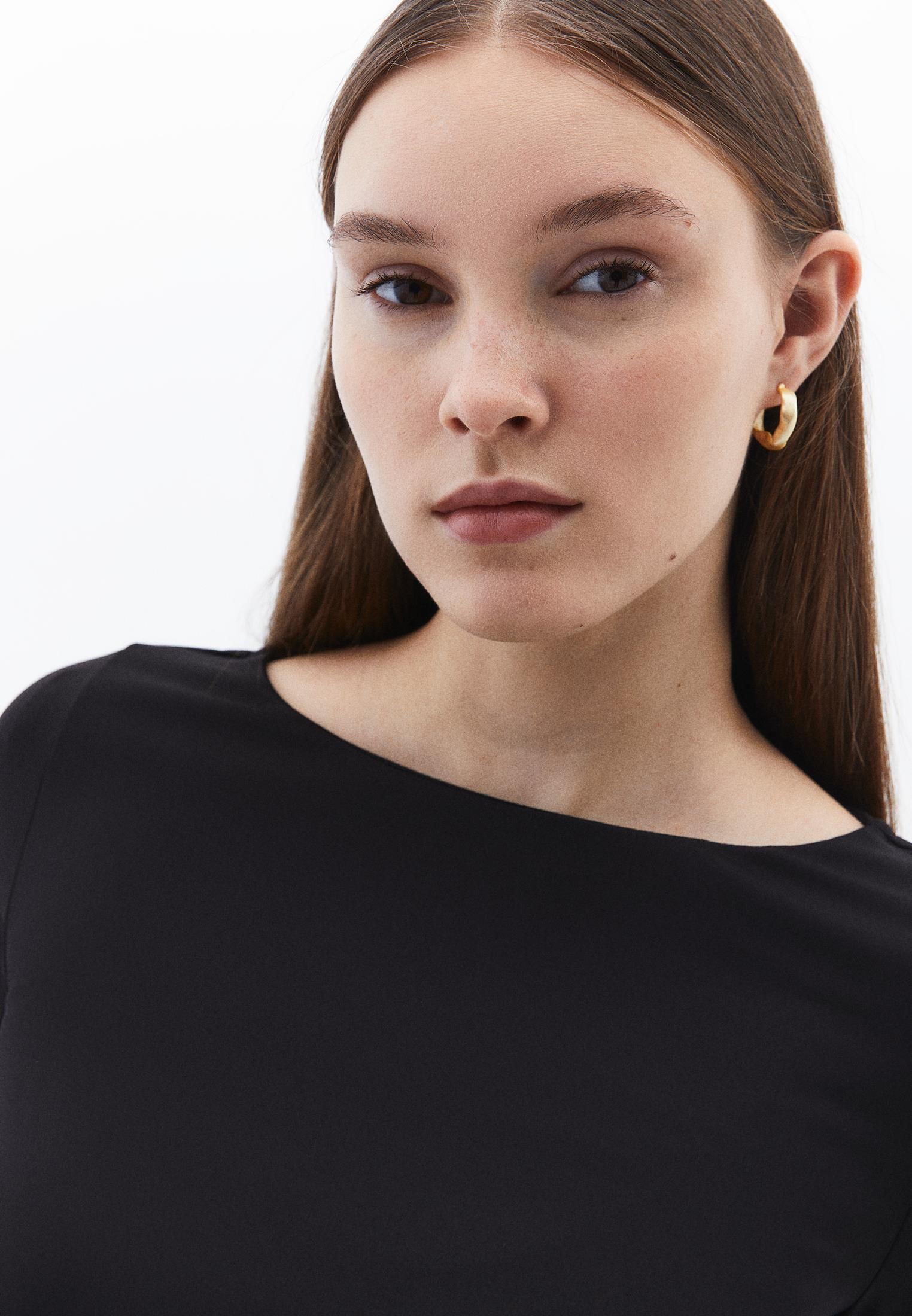 Boat Neck Long Sleeve Bodycon T-Shirt - BLACK