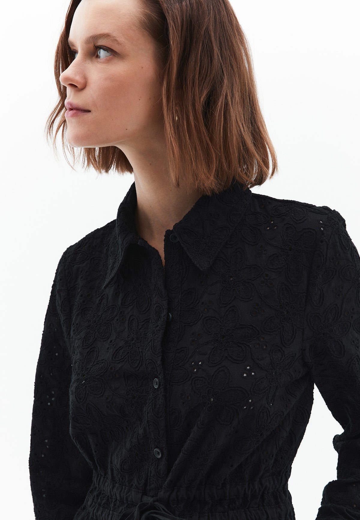 Embroidered And Shirred Long Sleeve Shirt - BLACK