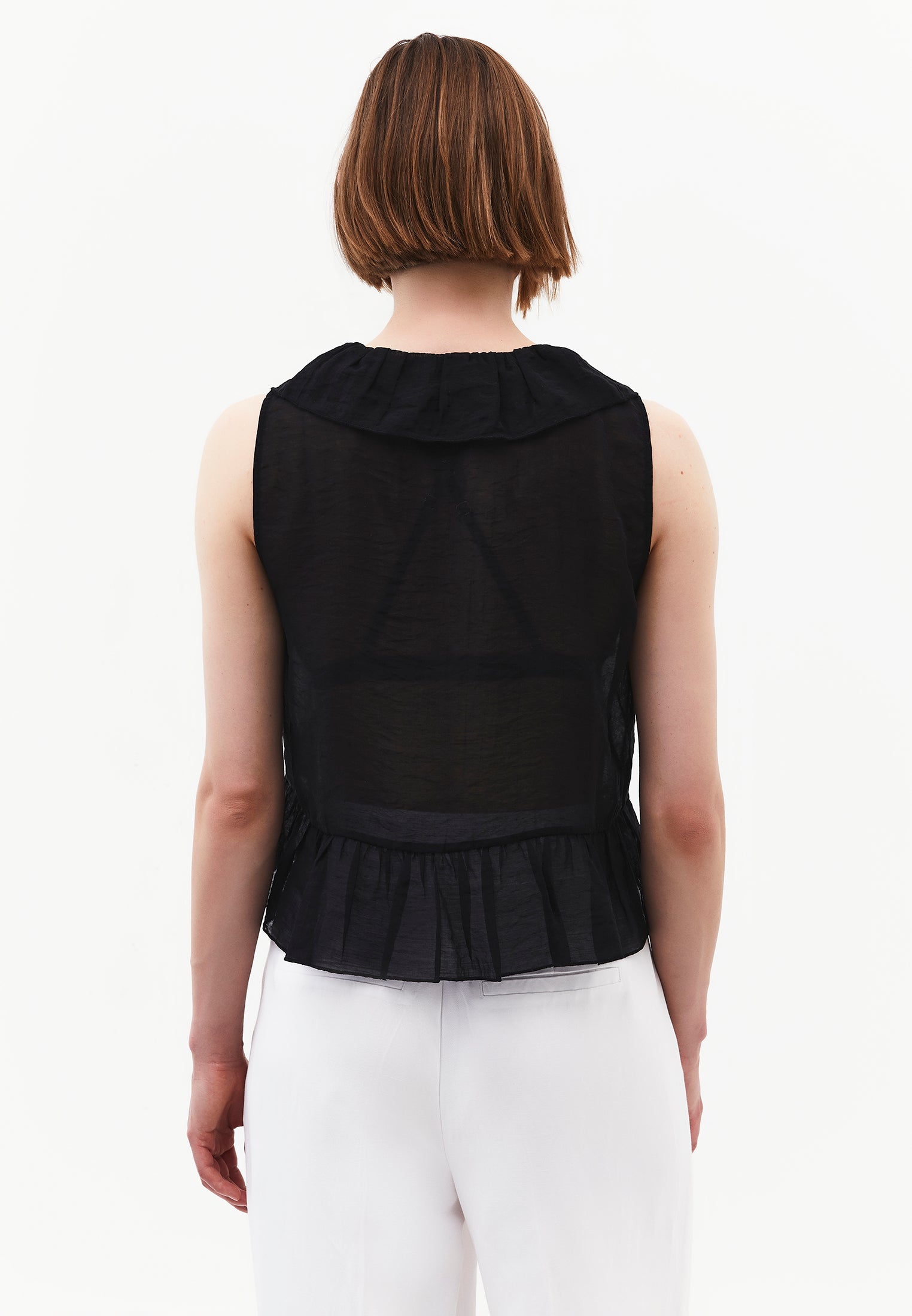 Sleeveless Blouse With Ruffle Detail And V Neckline - BLACK