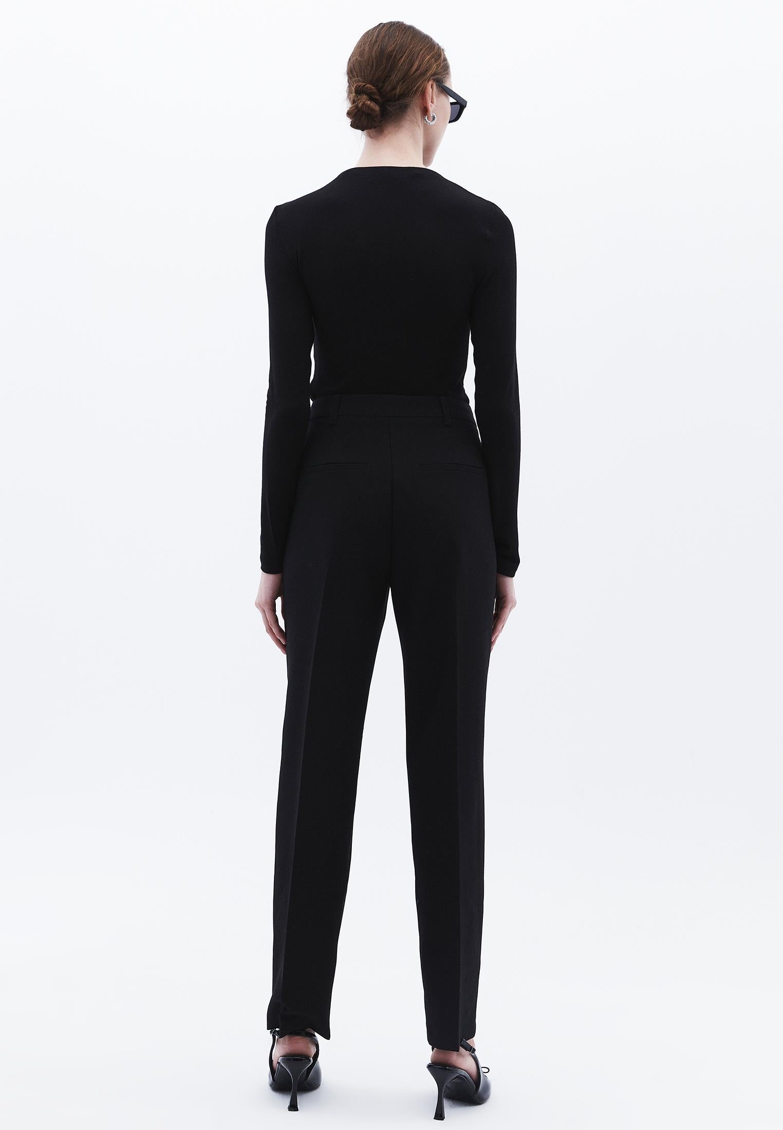 High Waist Long Slim Pants - BLACK