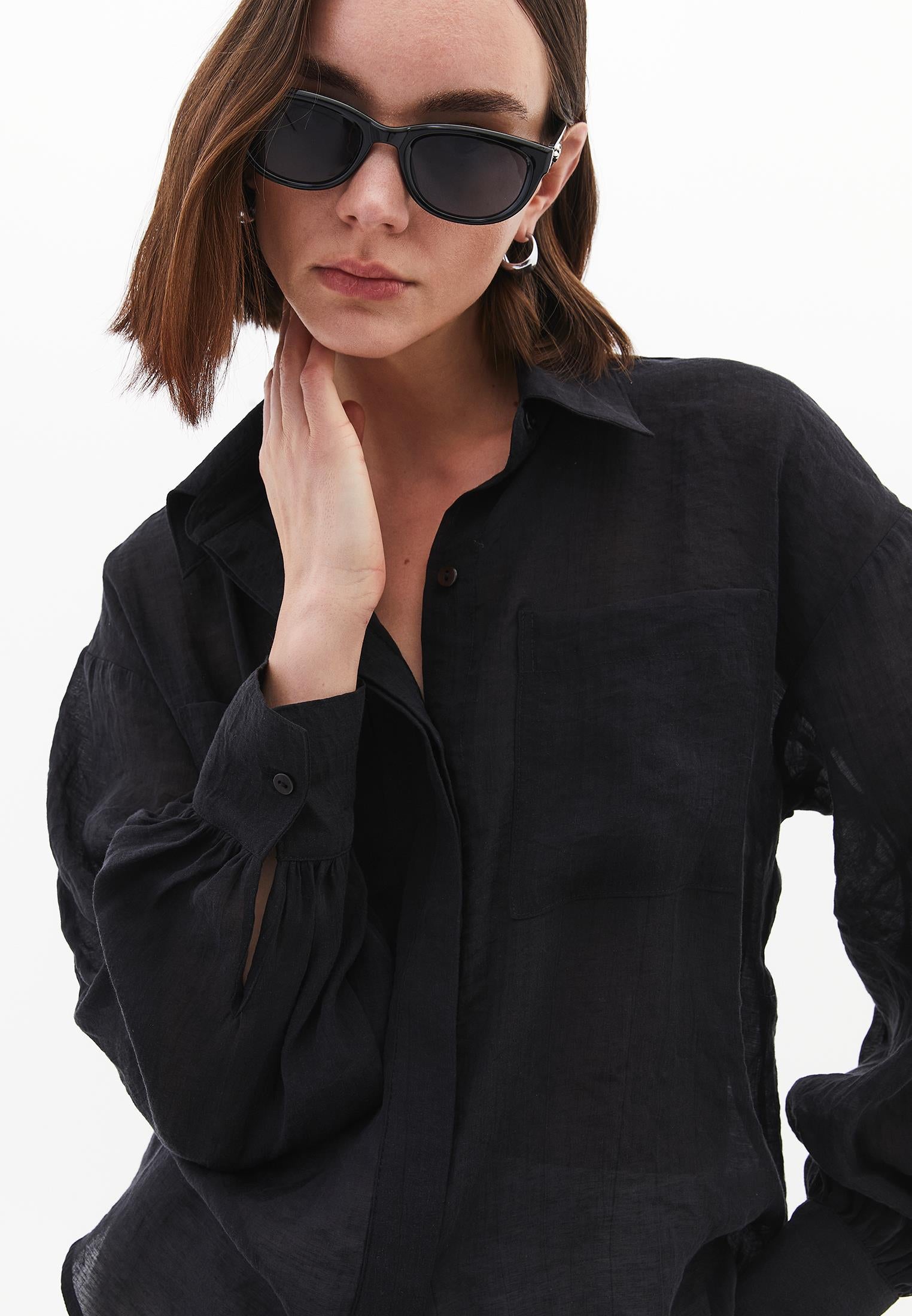 Loose Fit Long Sleeve Buttoned Shirt - BLACK