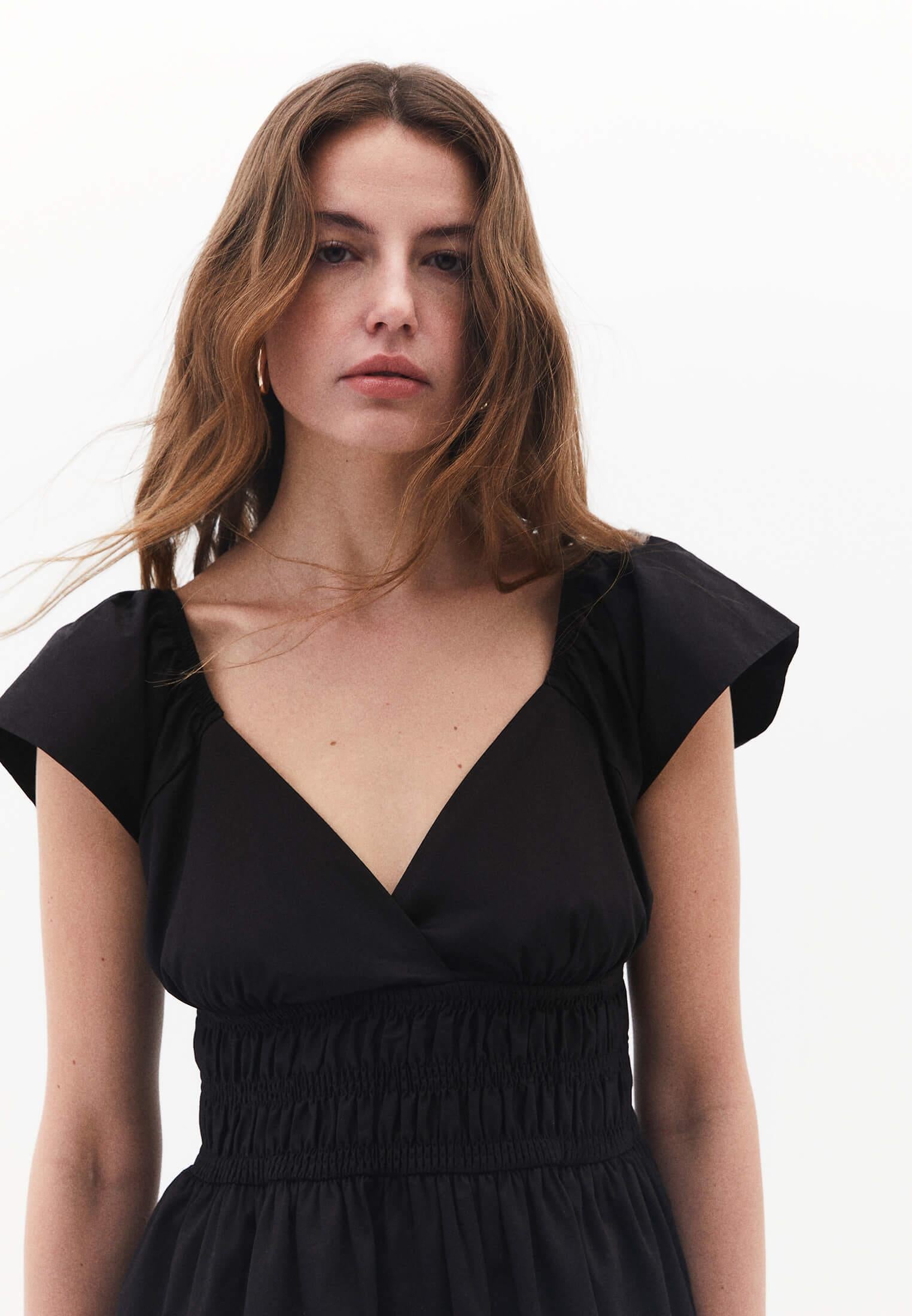 Short V Neck Smocked Dress - BLACK