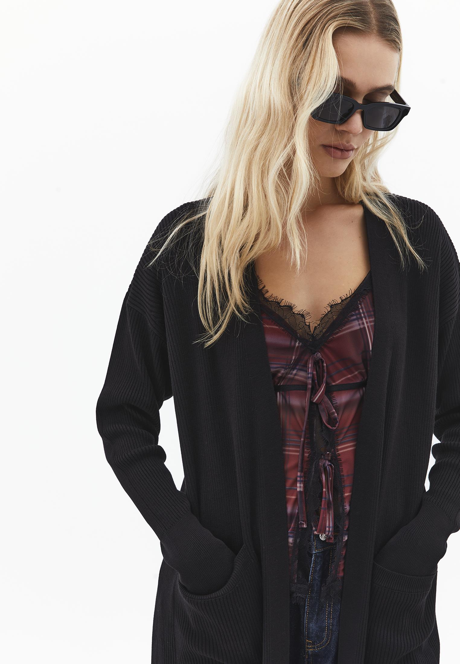 Ribbed Long Sleeve Cardigan - BLACK