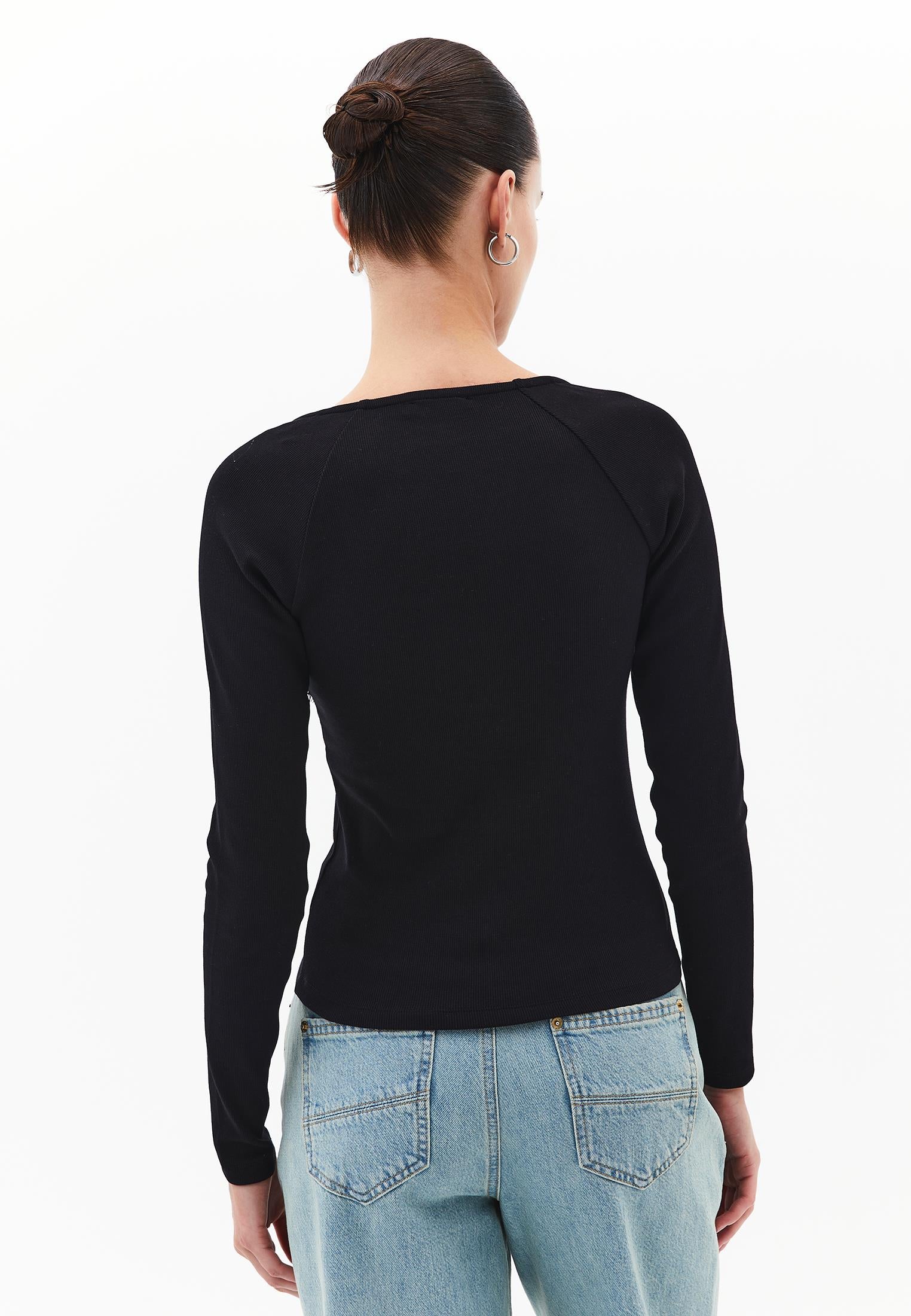 Ribbed Fabric Button Detailed V Neck Long Sleeve T-Shirt - BLACK