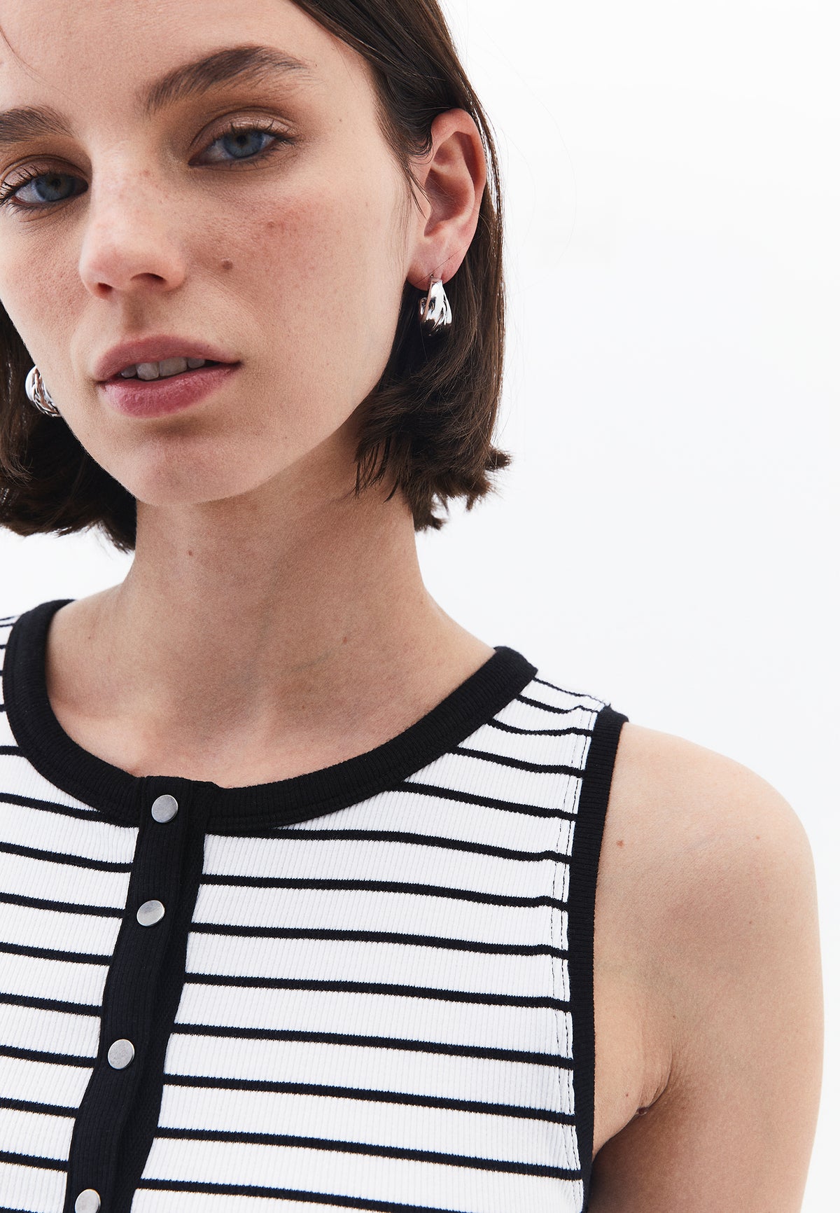 Crew Neck Striped Tank Top - WHITE/BLACK