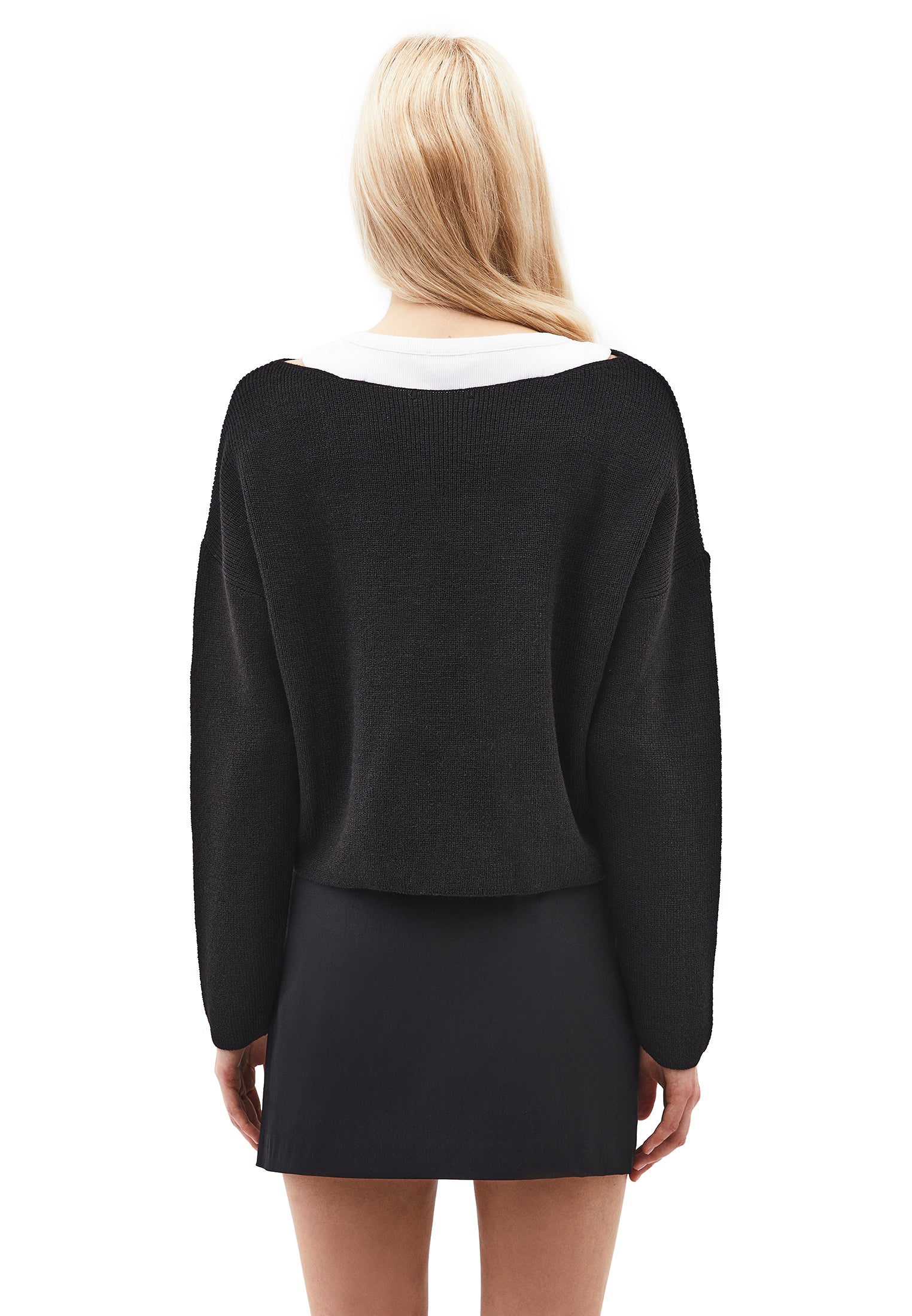 Boat Neck Long Sleeve Sweater - BLACK